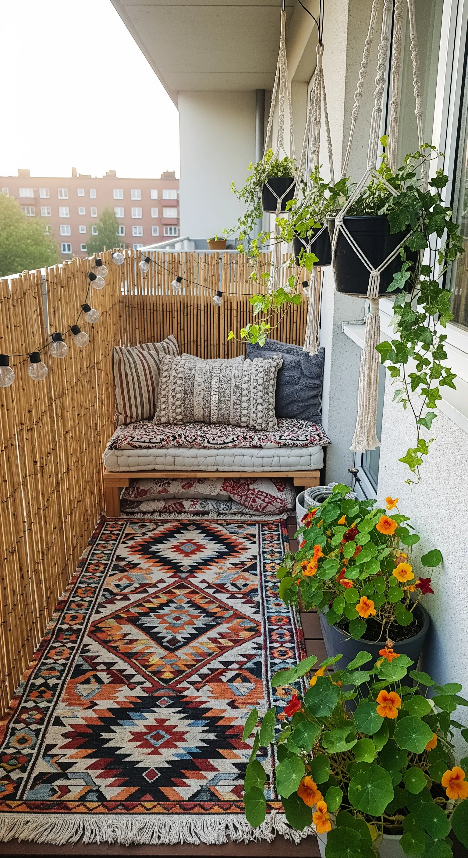 Balcone stretto con pannelli di bambù, panca con cuscini etnici e tappeto kilim colorato.