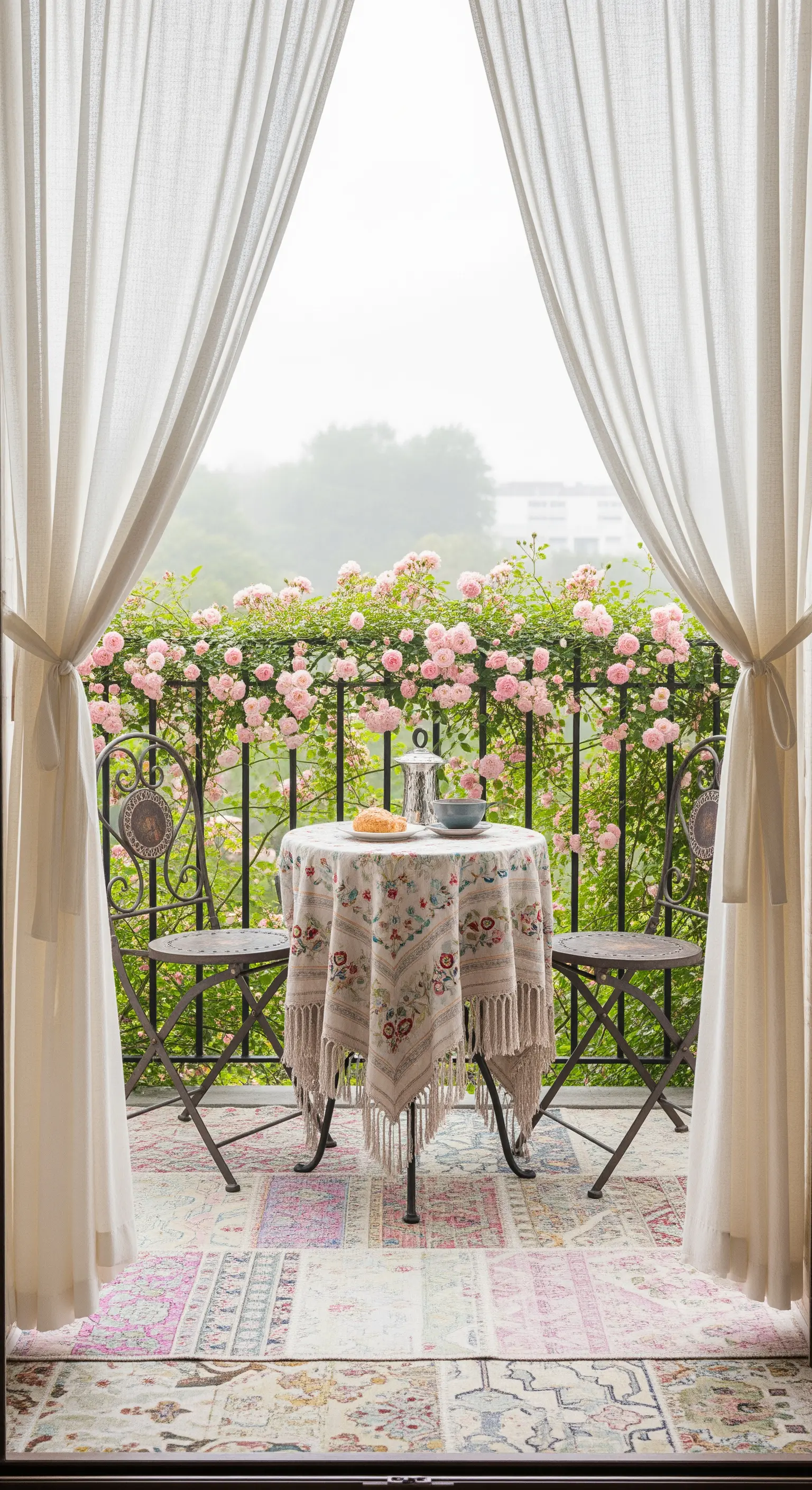 Balcone piccolo con tavolino da bistrò, tovaglia ricamata e una cascata di rose rosa sulla ringhiera.