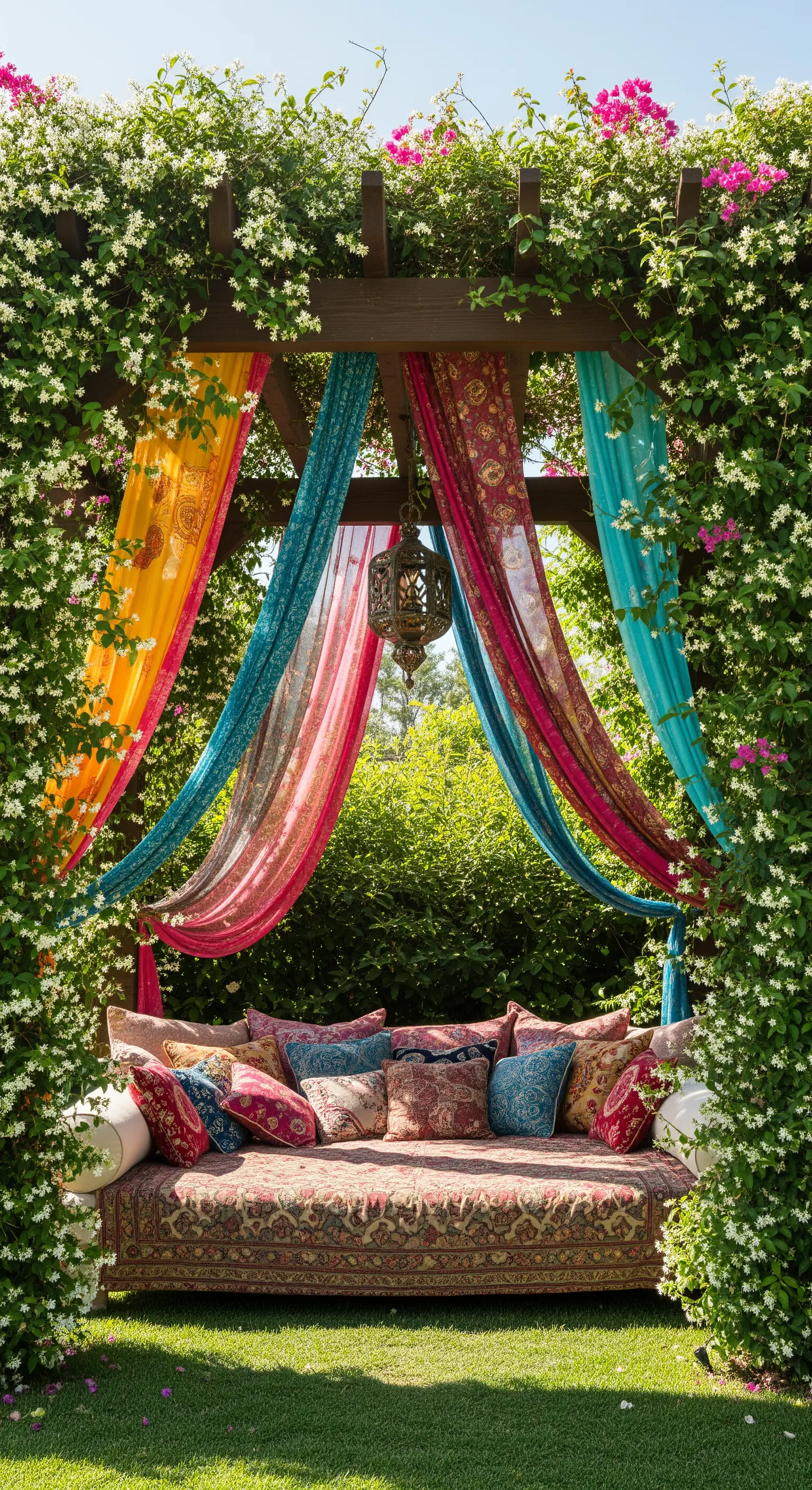 Pergola in legno ricoperta di gelsomino, con teli colorati e un daybed pieno di cuscini.