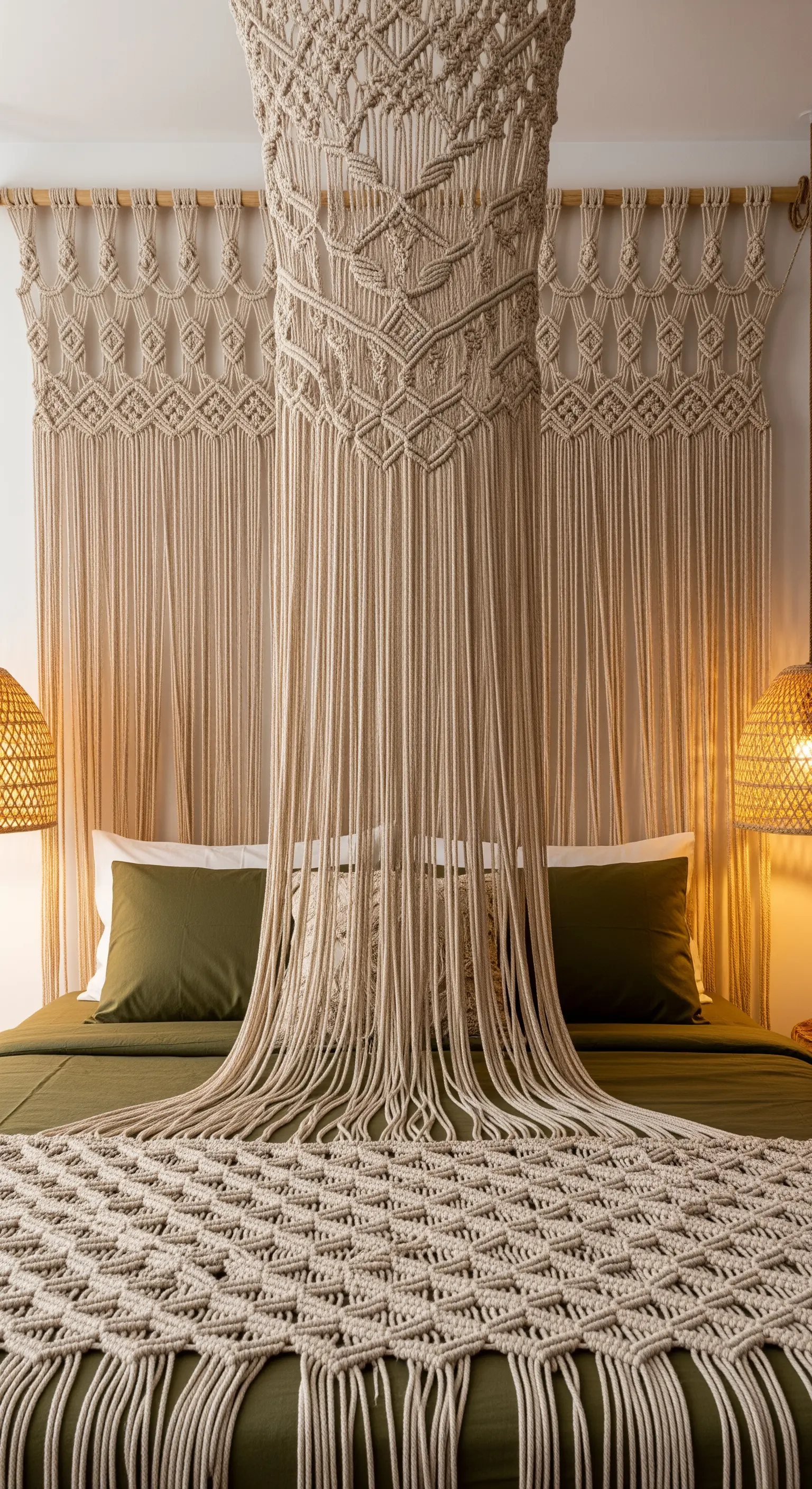Letto con un elaborato baldacchino sospeso in macramé e lenzuola verde oliva.