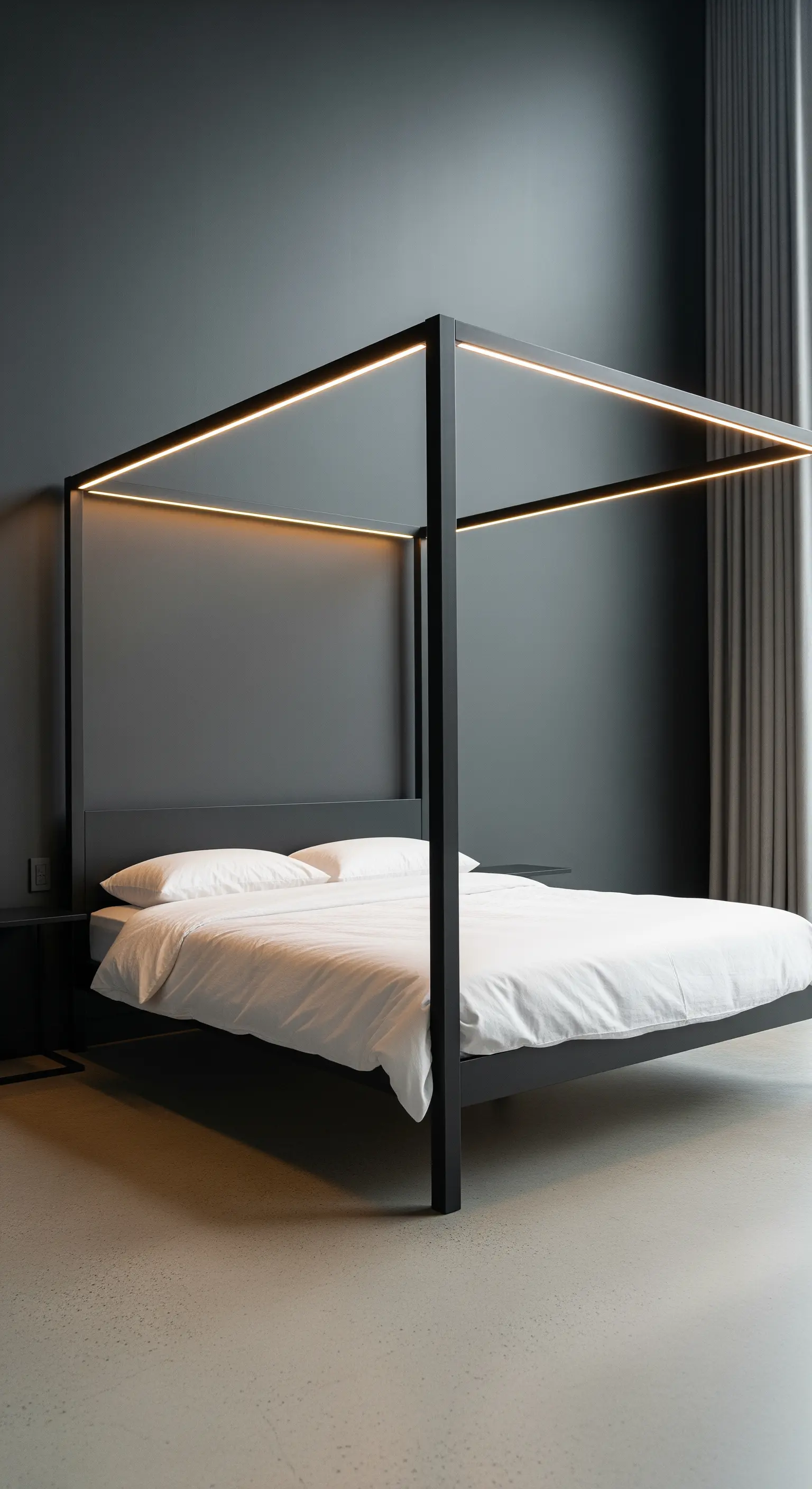 Letto a baldacchino moderno in metallo nero con illuminazione LED integrata nella struttura superiore.