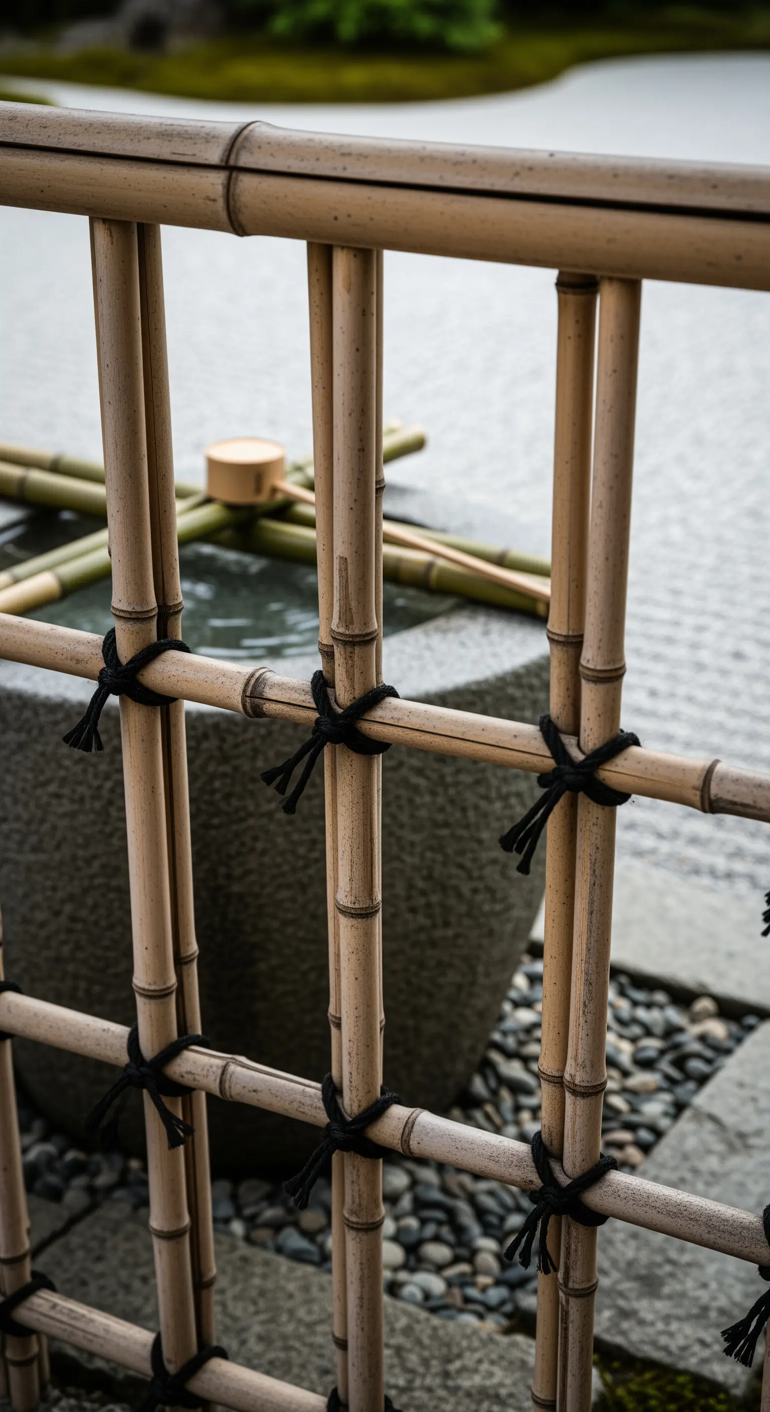 Dettaglio di una recinzione in bambù con nodi neri, sullo sfondo una vasca in pietra.