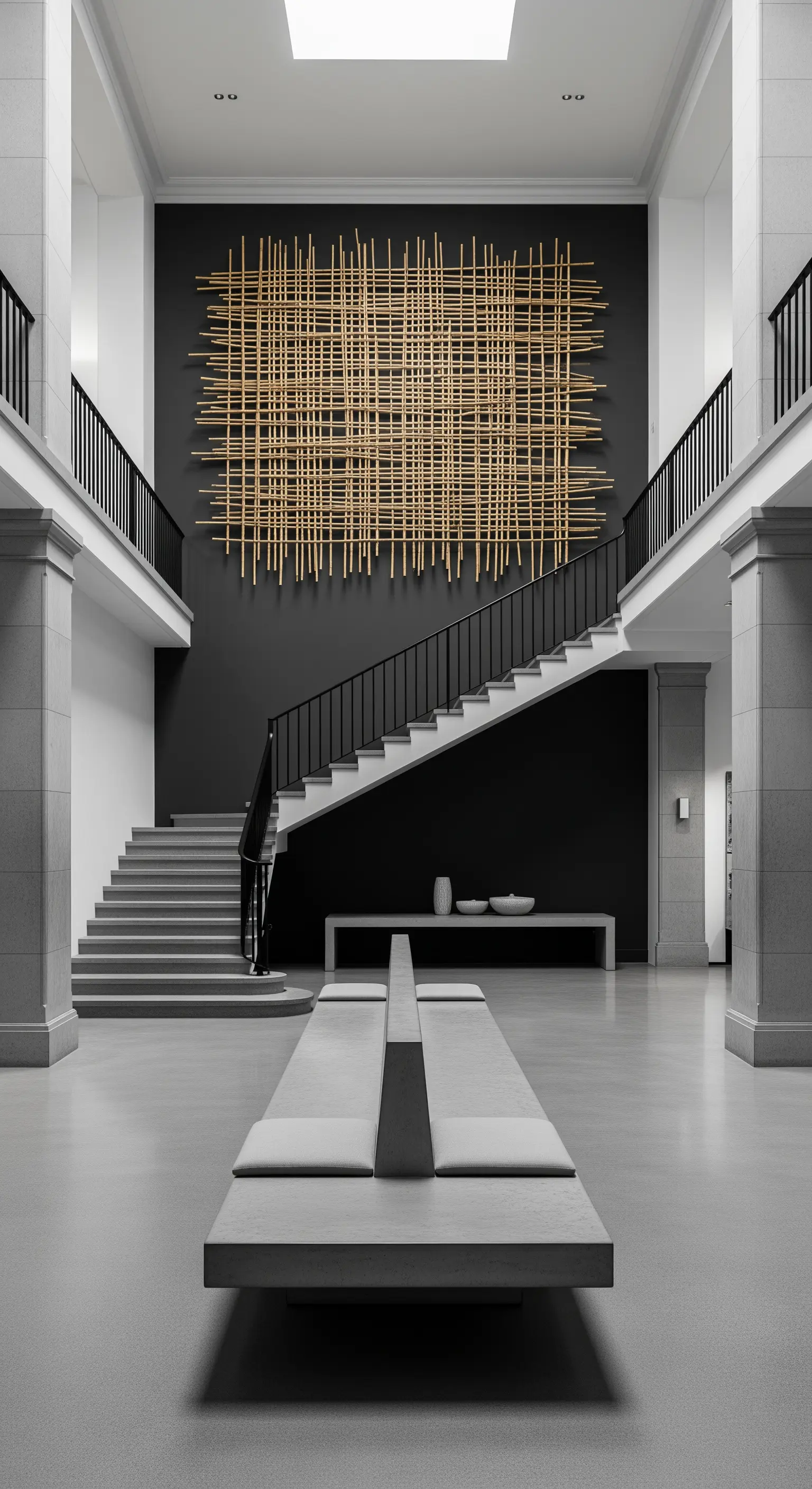 Grande installazione artistica di bambù intrecciato su una parete nera in un atrio a doppia altezza.