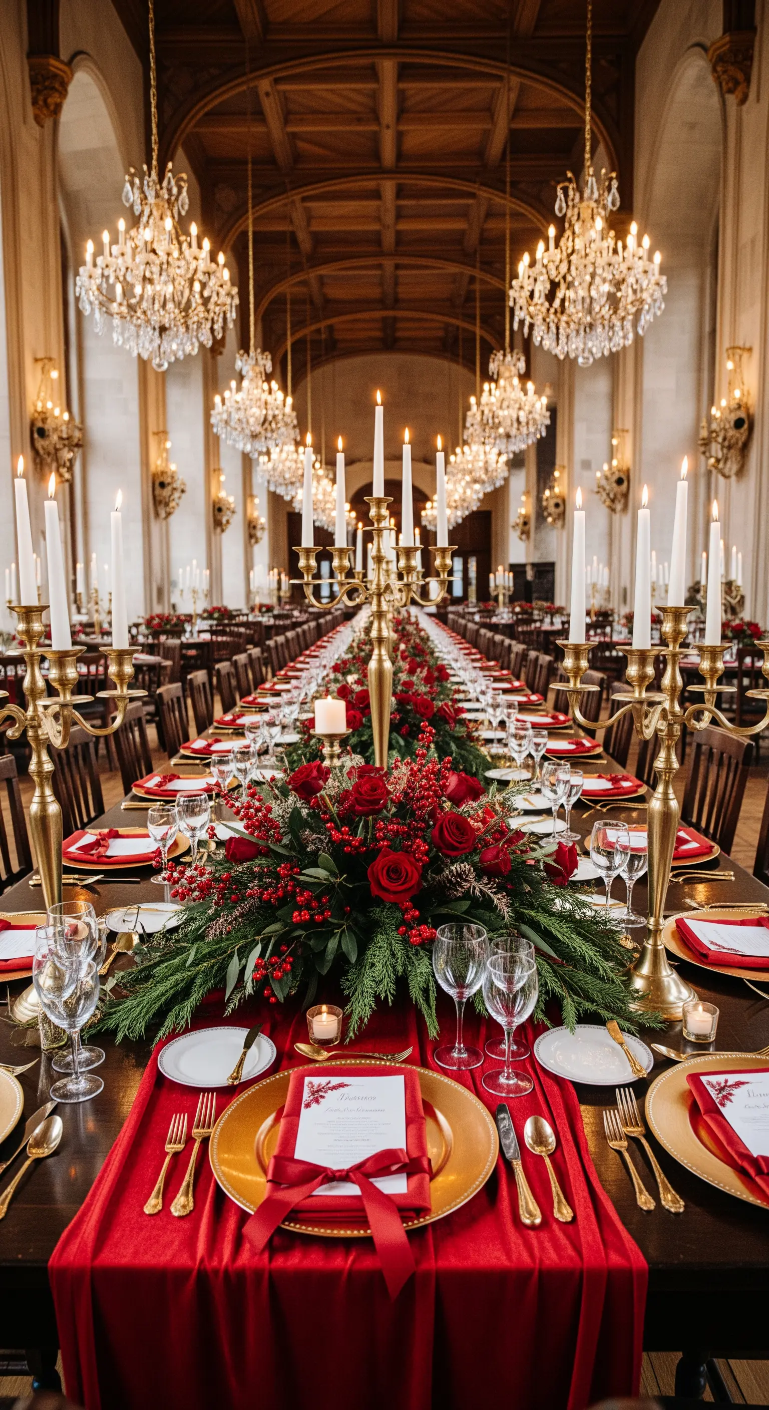 Lunga tavola nuziale invernale con runner di velluto rosso, candelabri dorati e rose rosse.