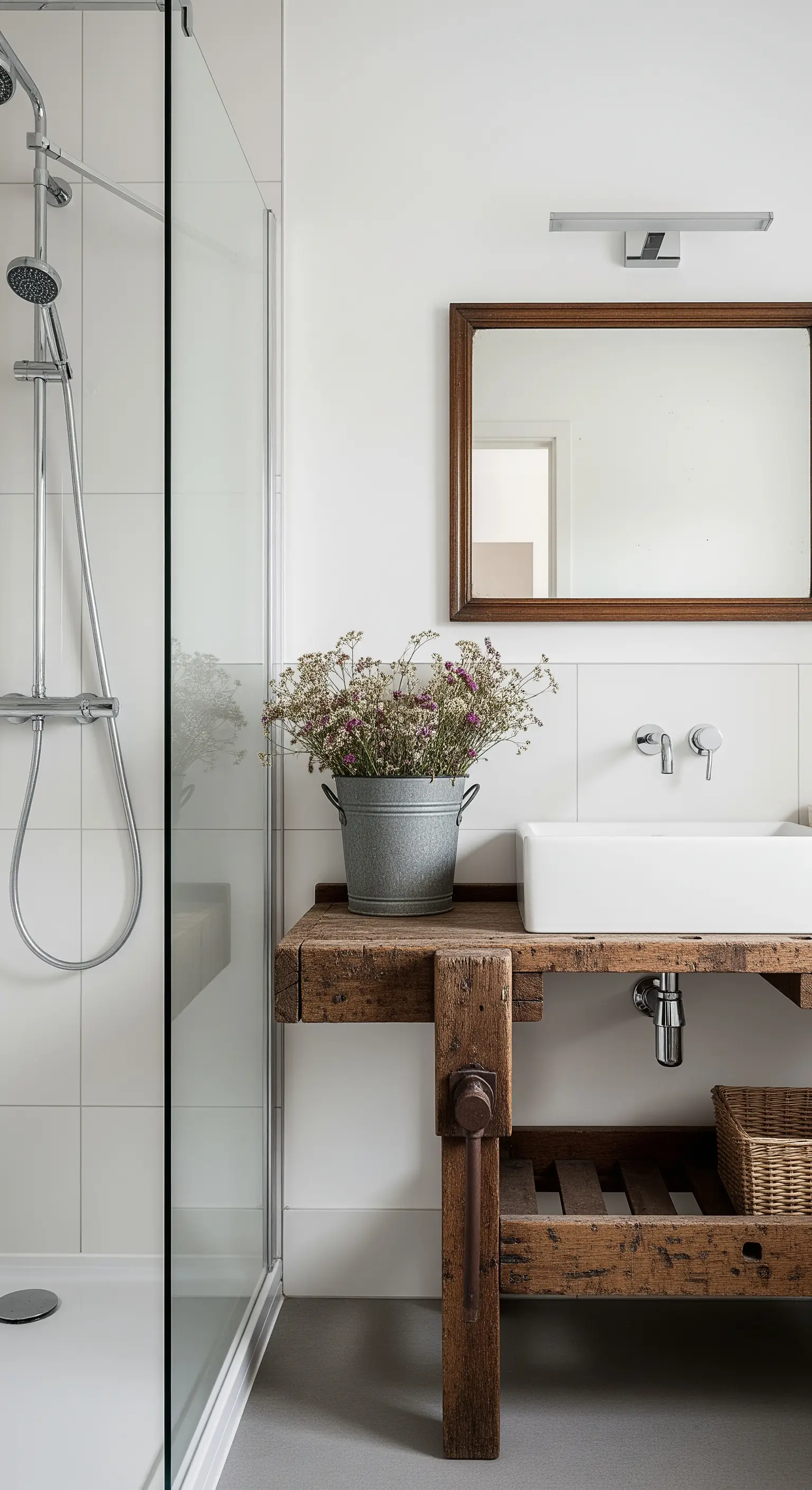Vecchio banco da lavoro in legno grezzo utilizzato come base per un lavabo da appoggio.