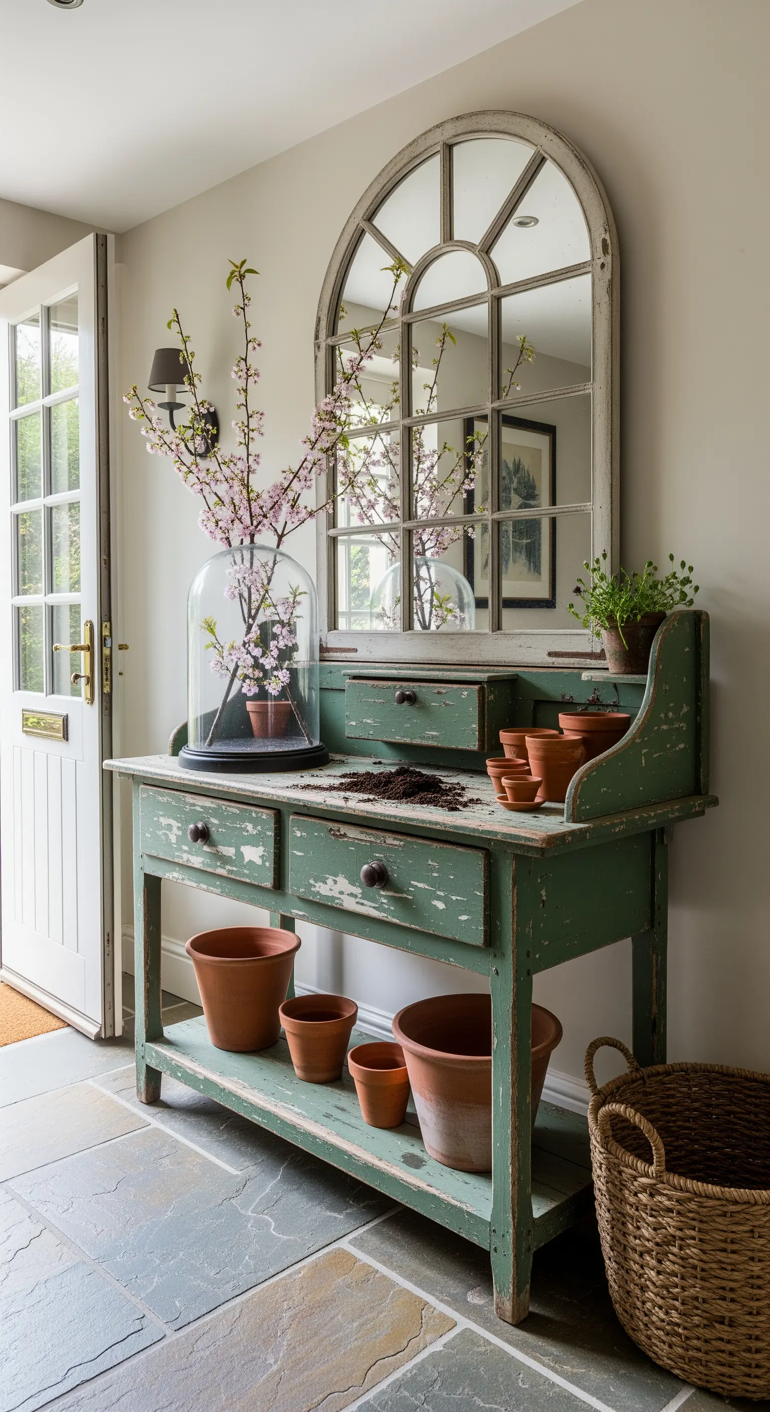 Vecchio banco da giardinaggio verde usato come consolle, con specchio a forma di finestra.