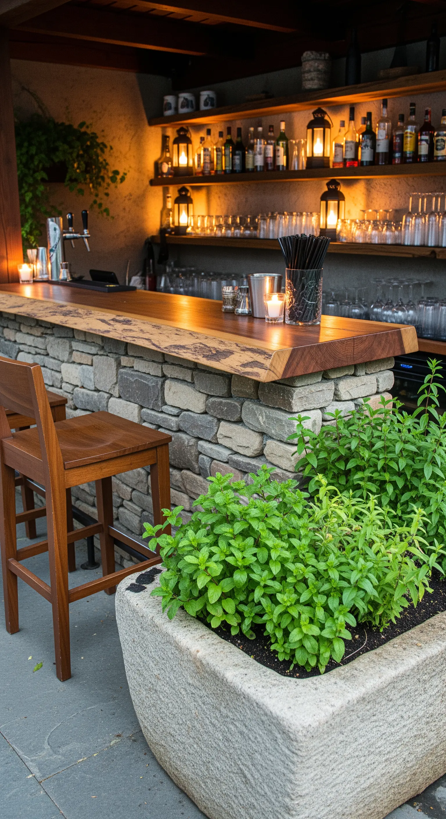 Bancone bar da esterno con base in pietra, top in legno massiccio e fioriera di menta.