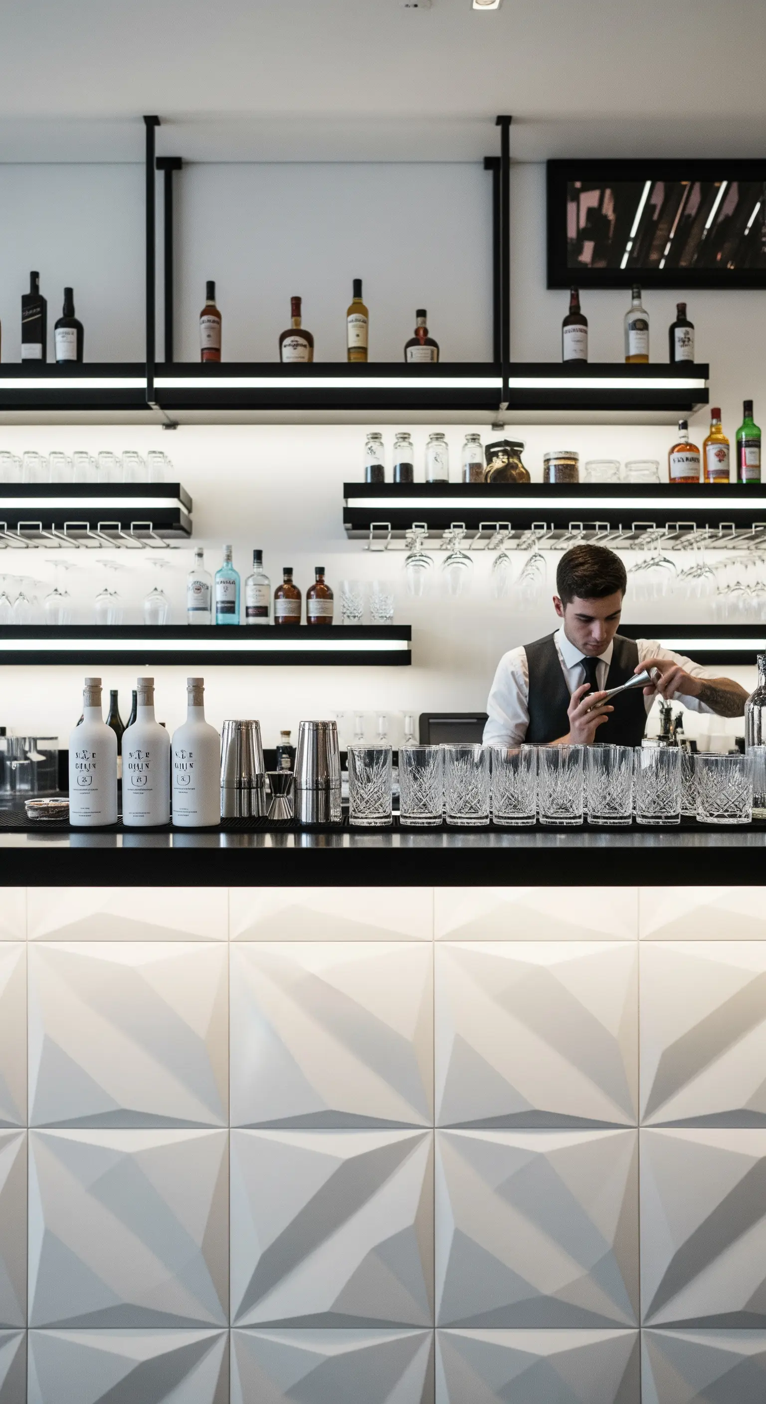Bancone bar con pannelli geometrici 3D bianchi e mensole nere illuminate.