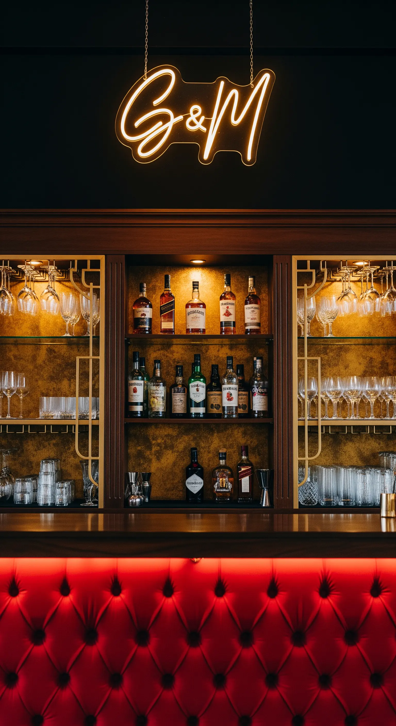 Angolo bar con bancone in velluto rosso capitonné e insegna al neon personalizzata.