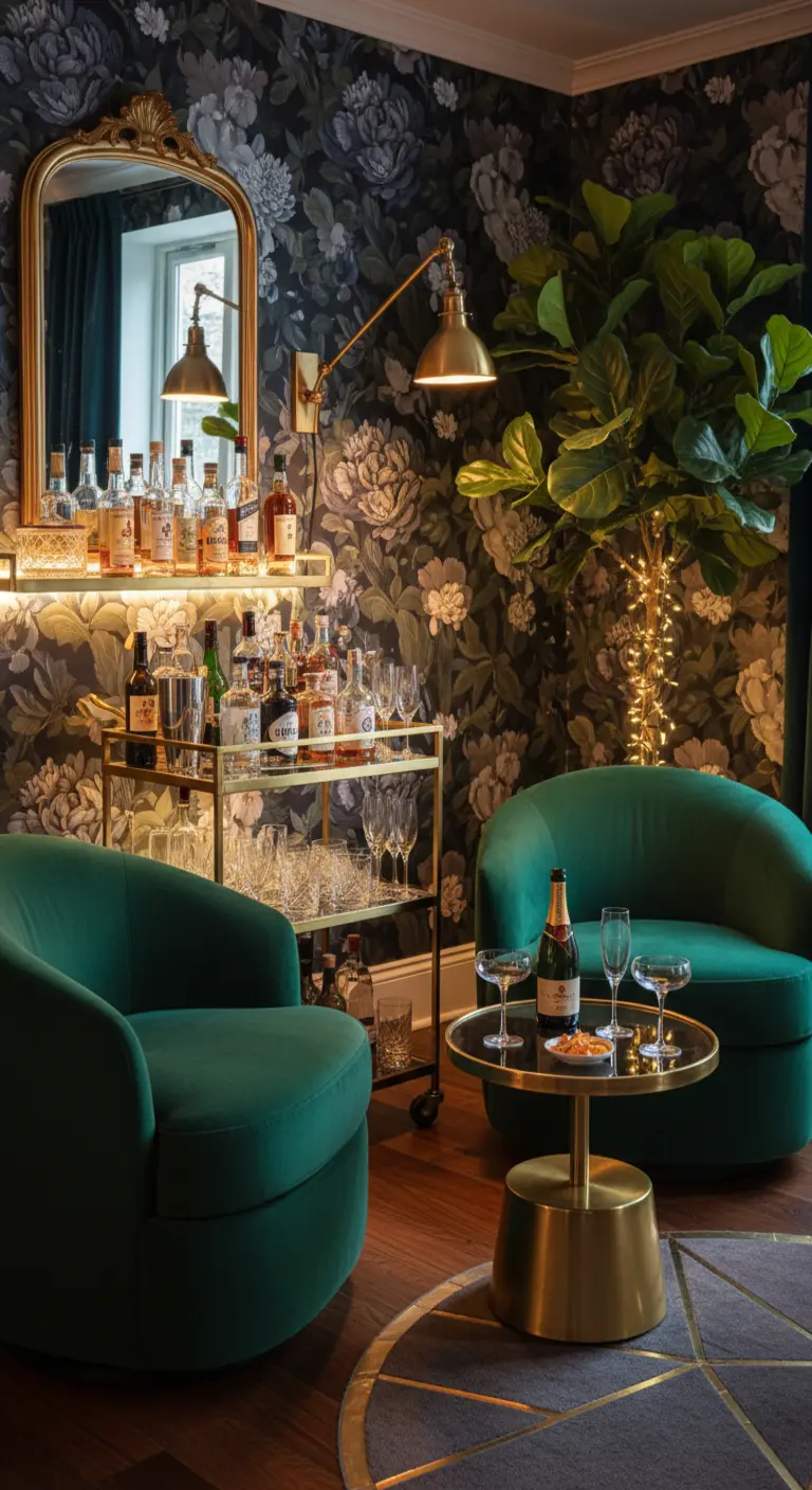 Angolo bar con carta da parati floreale, poltrone verdi e carrello in ottone.