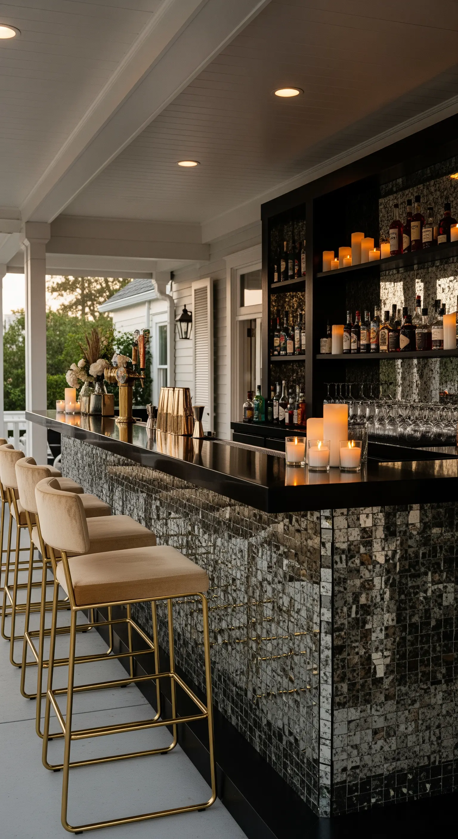 Bancone bar da esterno con rivestimento a tessere di specchio e sgabelli dorati in velluto.