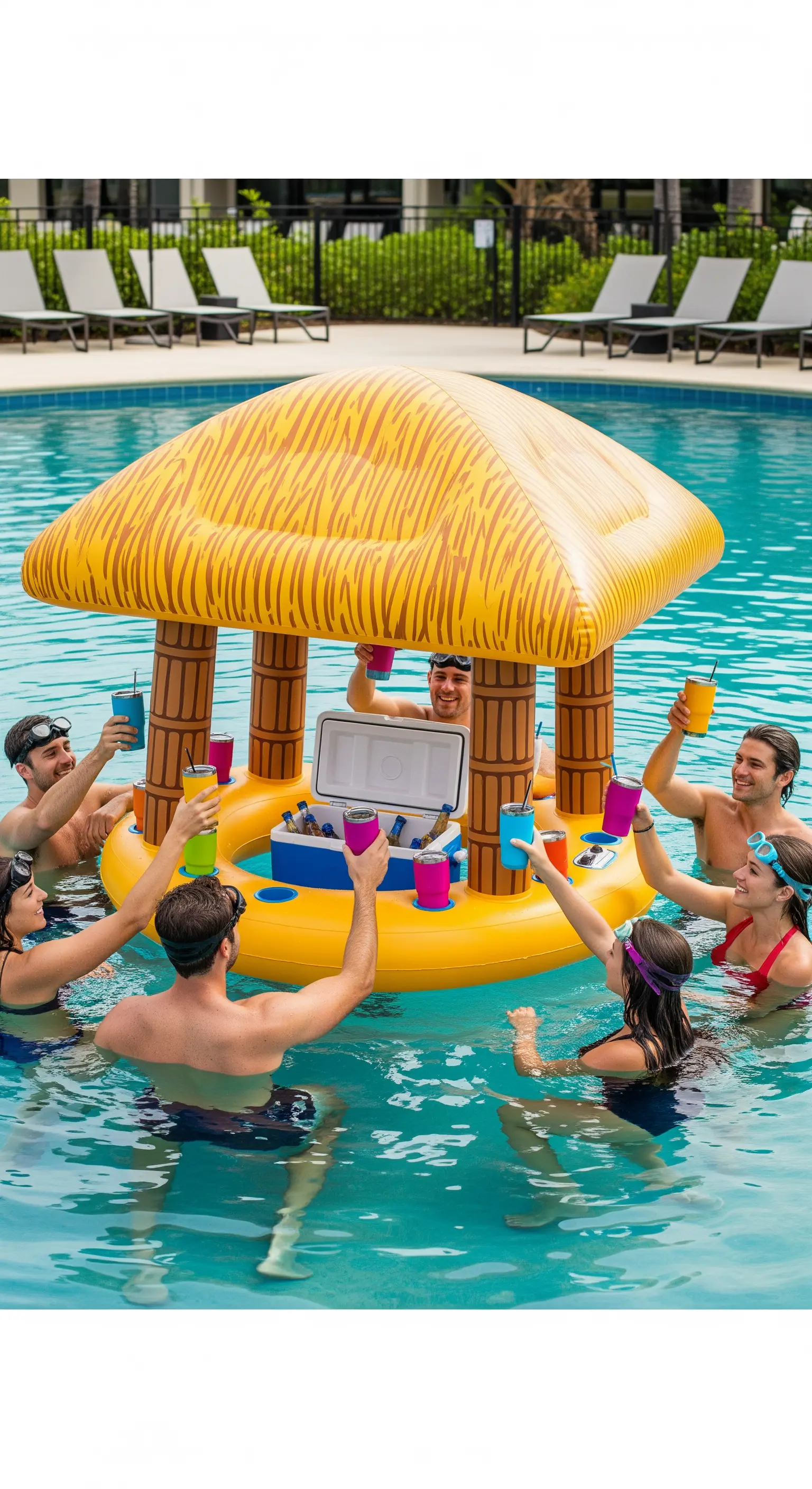 Gruppo di amici in piscina brinda attorno a un bar gonfiabile a forma di chiosco tiki.