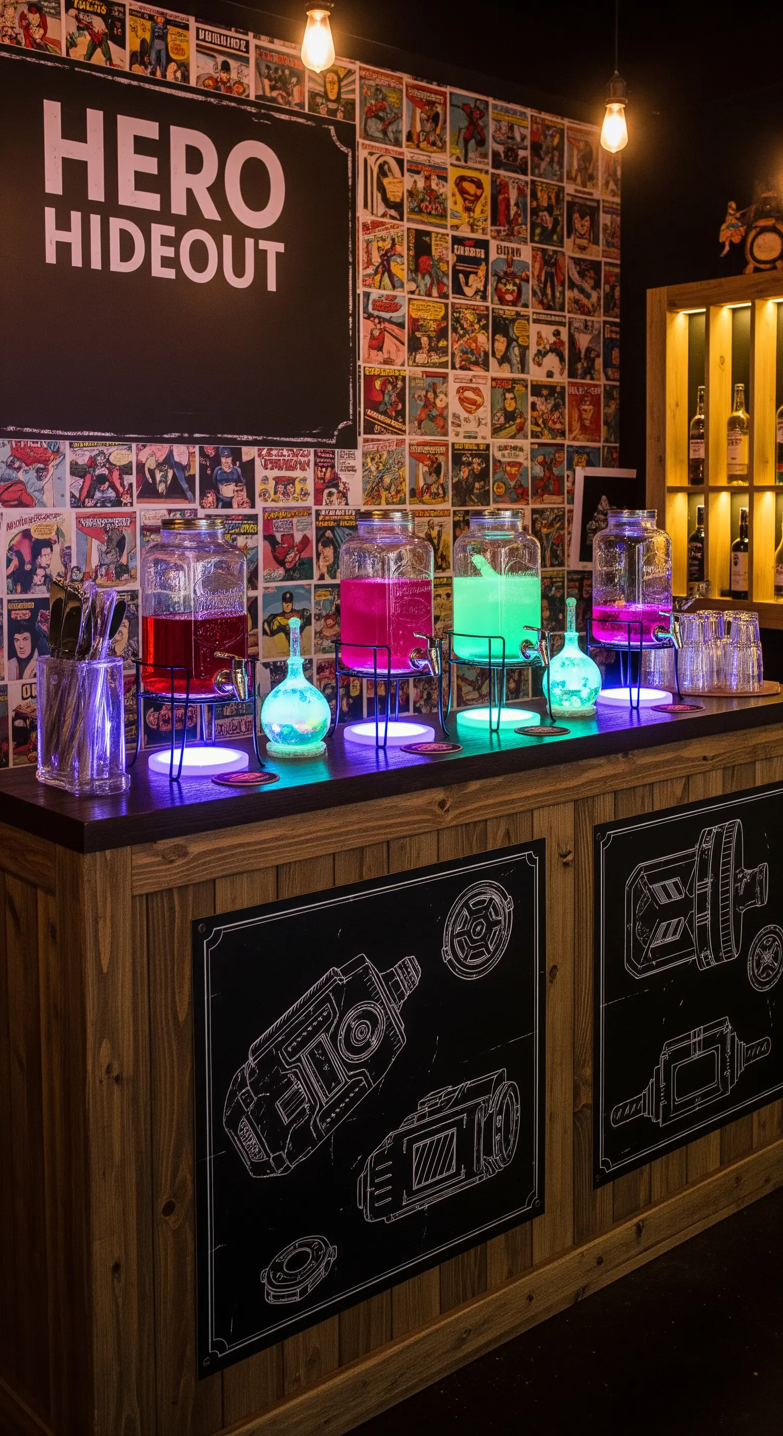 Angolo bar 'Hero Hideout' con drink colorati e parete ricoperta di fumetti.