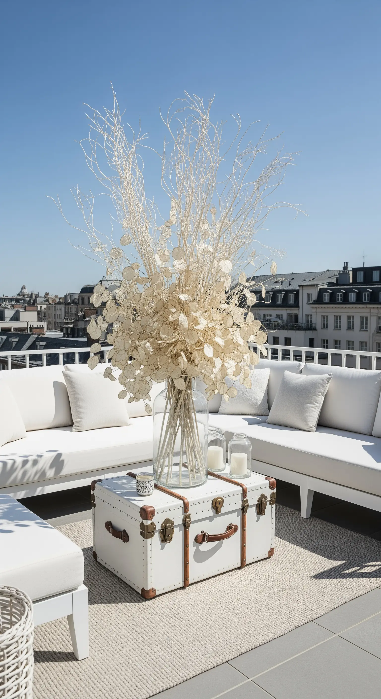 Terrazza con divani bianchi e un baule da viaggio vintage usato come tavolino da caffè.