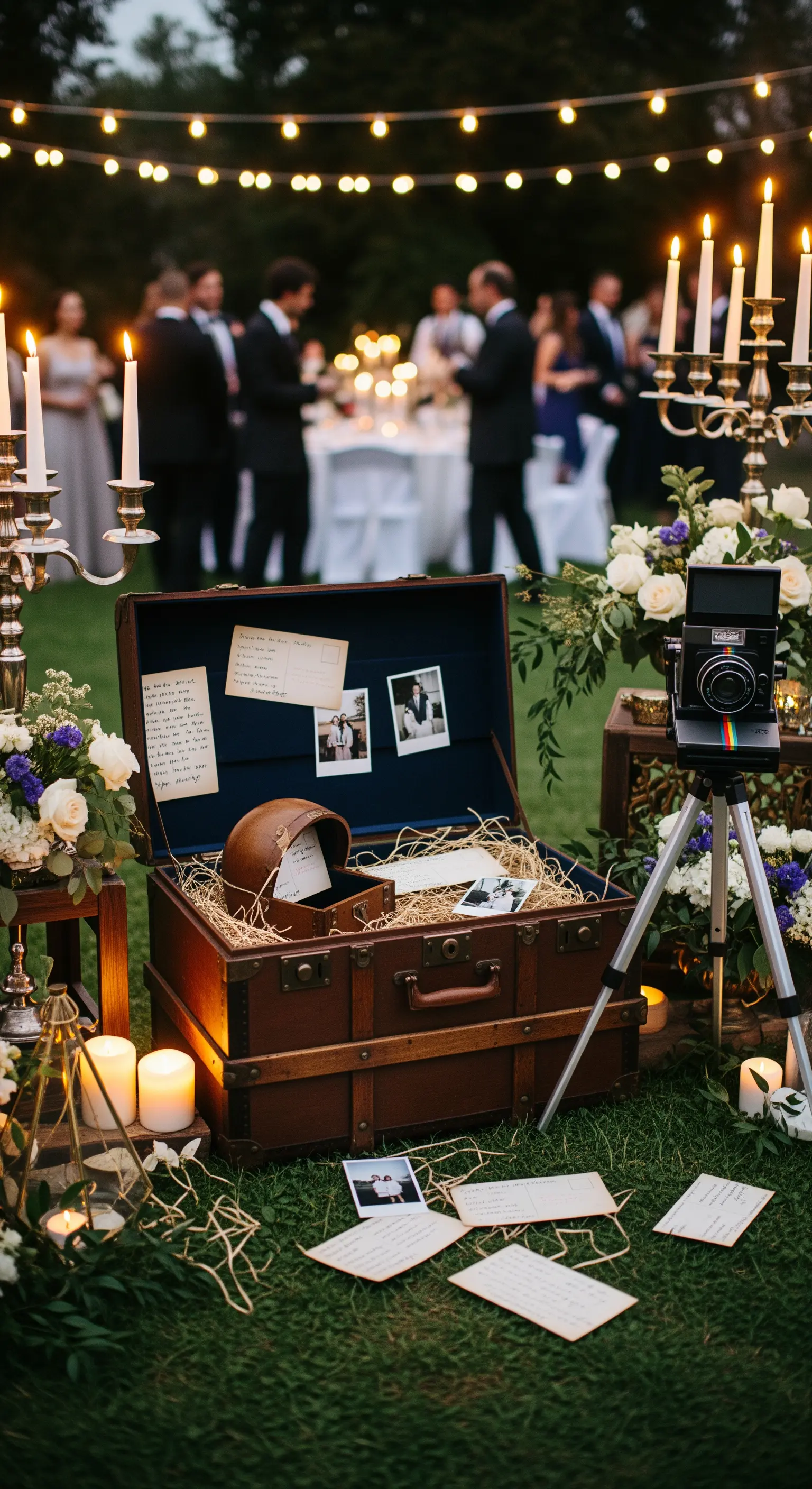 Valigia vintage aperta usata come guestbook con polaroid, messaggi e una macchina fotografica antica.