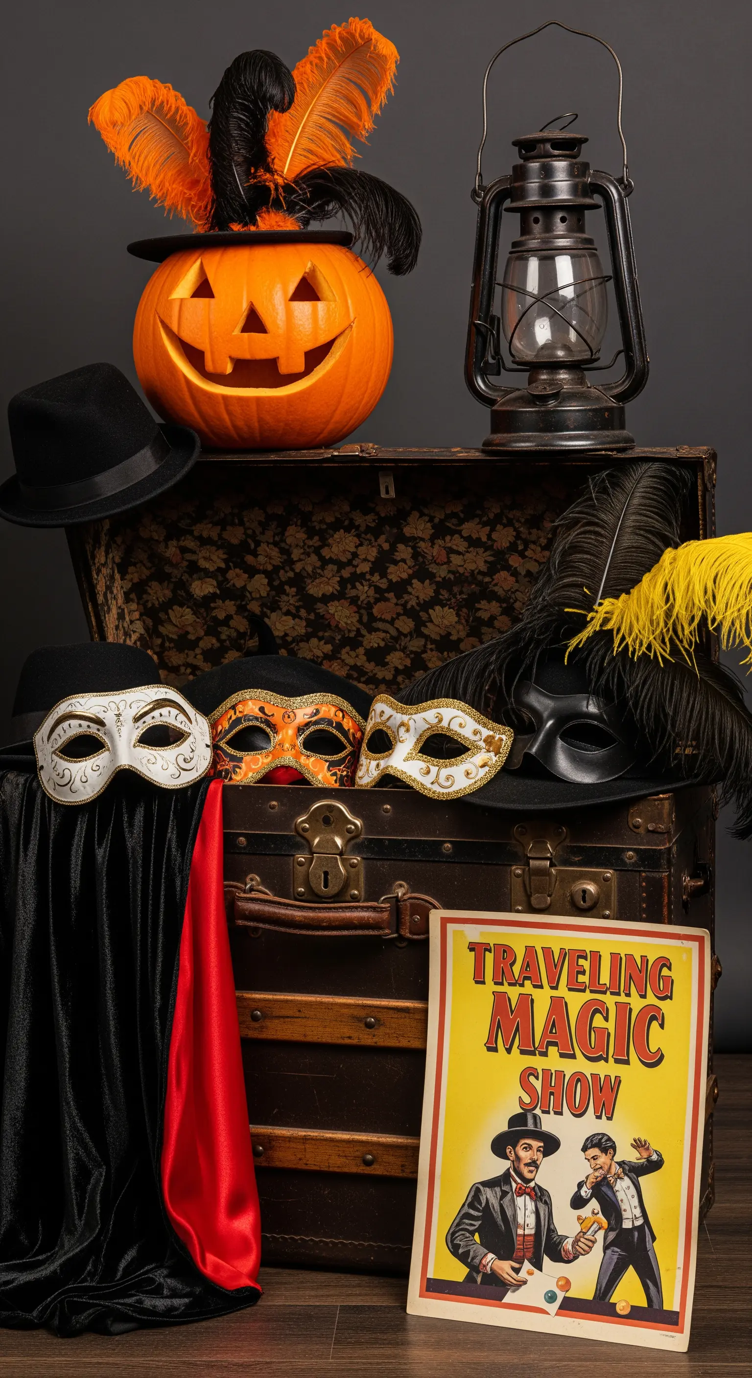 Baule vintage con maschere, cappelli, un mantello e una zucca intagliata per una festa a tema magia.