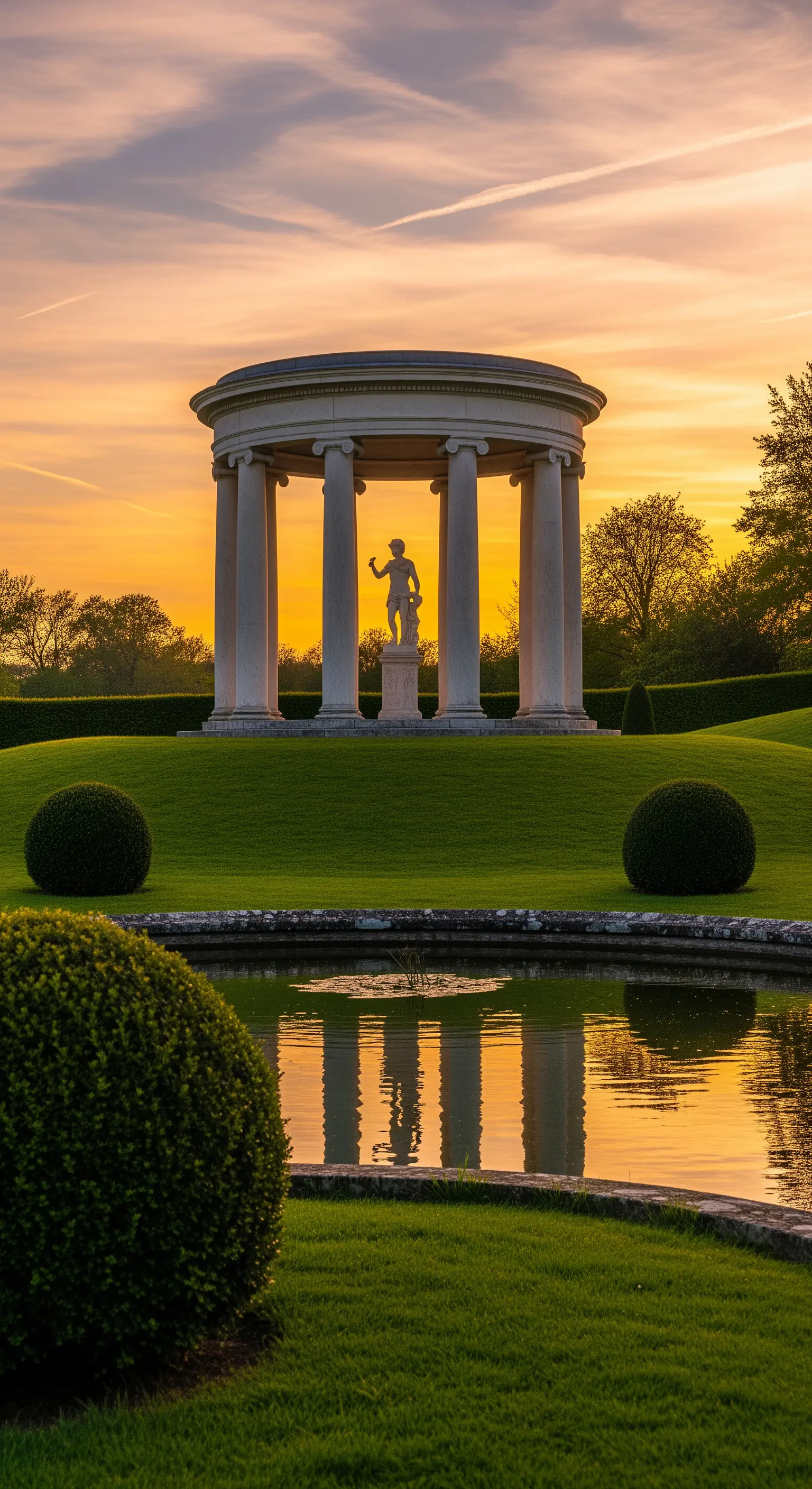 Tempietto classico con colonne al tramonto, riflesso su un piccolo lago.