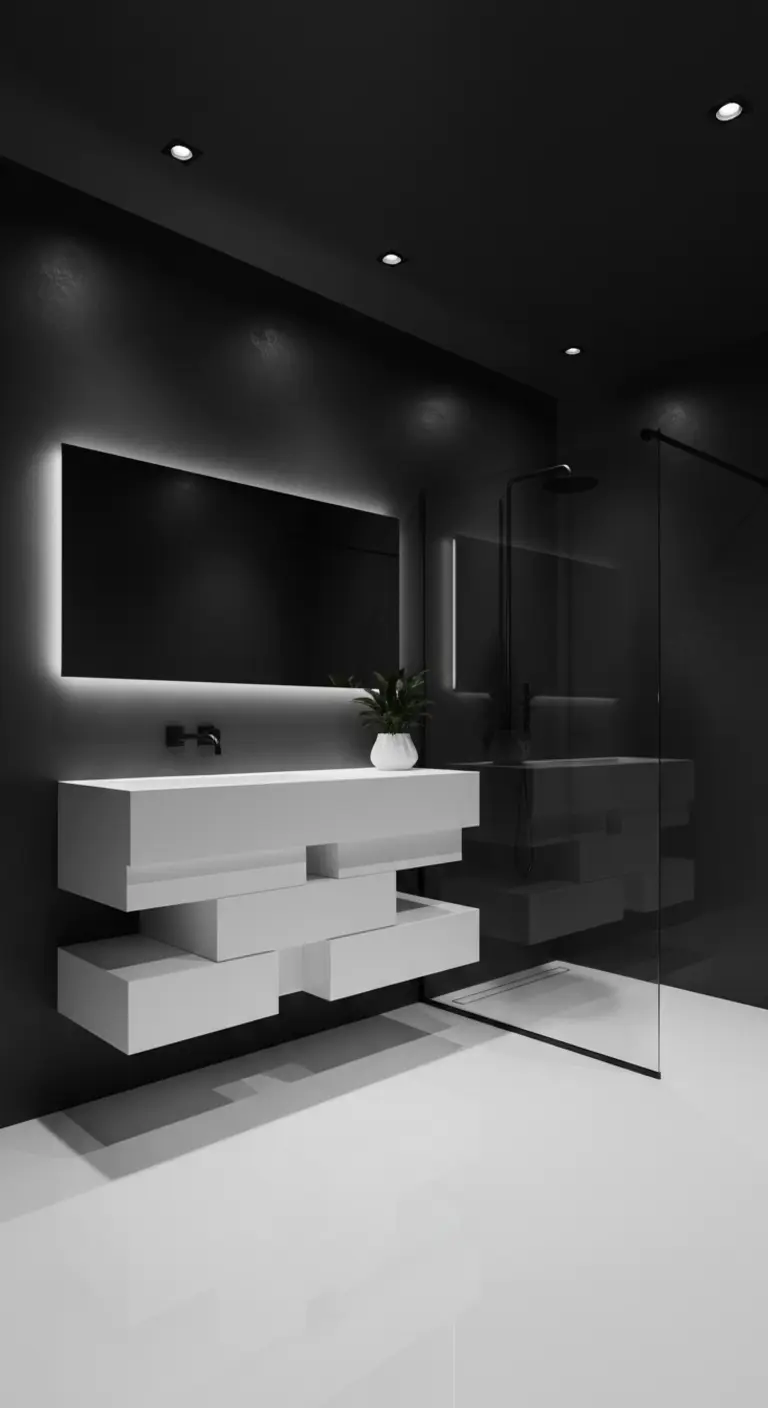 Bagno total black con mobile lavabo bianco dalle forme geometriche decostruite.