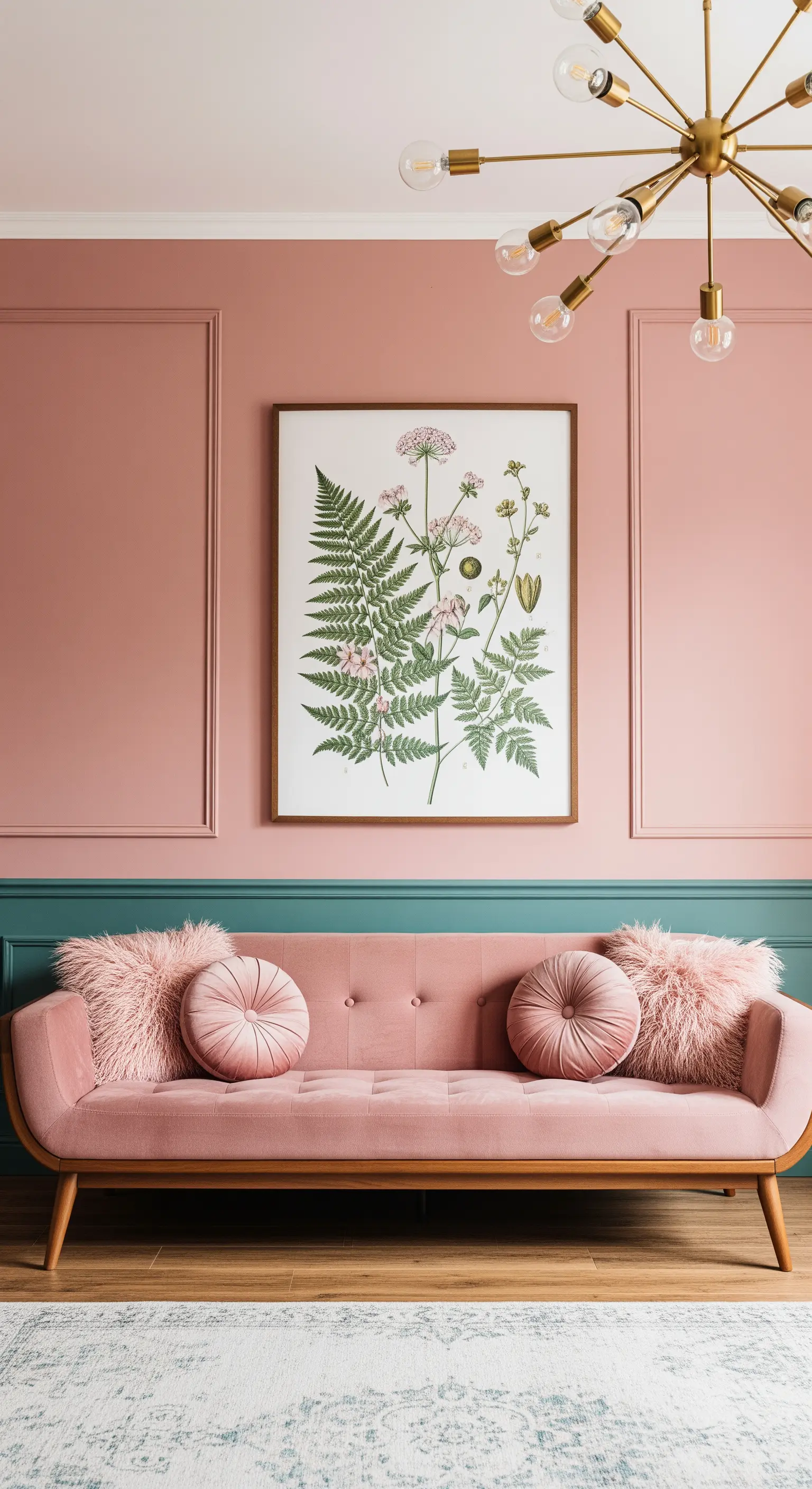 Divano rosa davanti a una parete bicolore rosa e verde petrolio, con una grande stampa botanica.