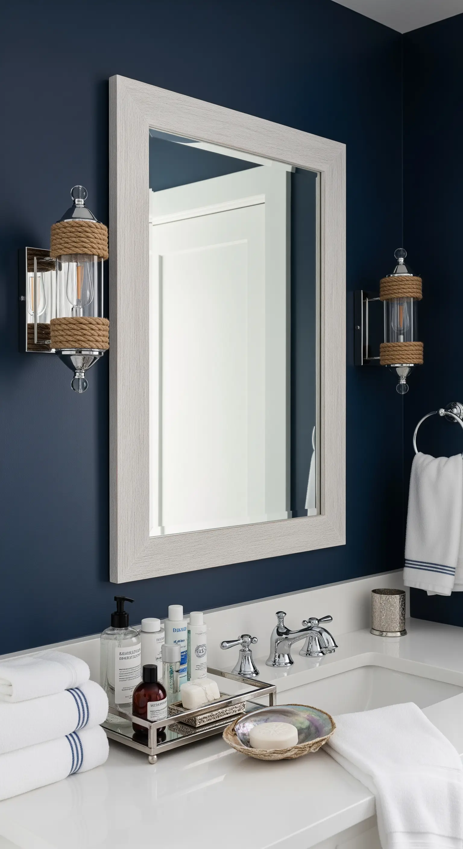 Bagno con pareti blu navy, specchio con cornice in legno chiaro e applique nautiche.