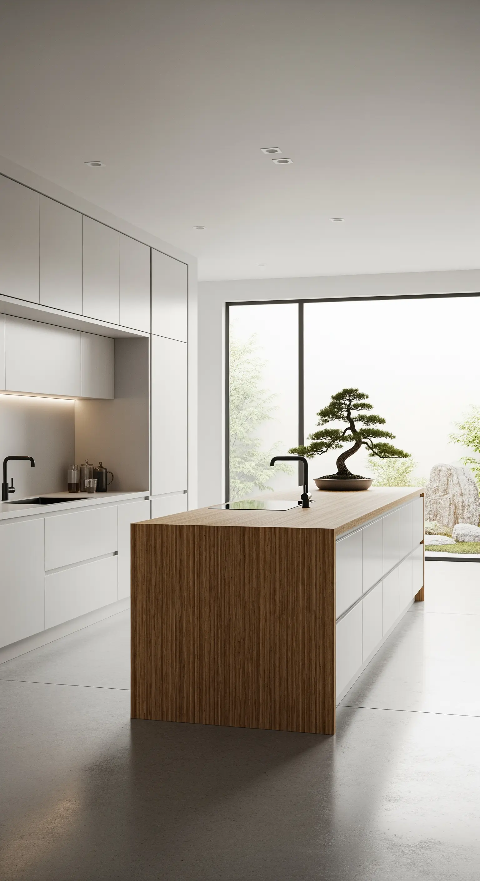 Cucina minimalista bianca con isola in legno e un bonsai come unico elemento decorativo.