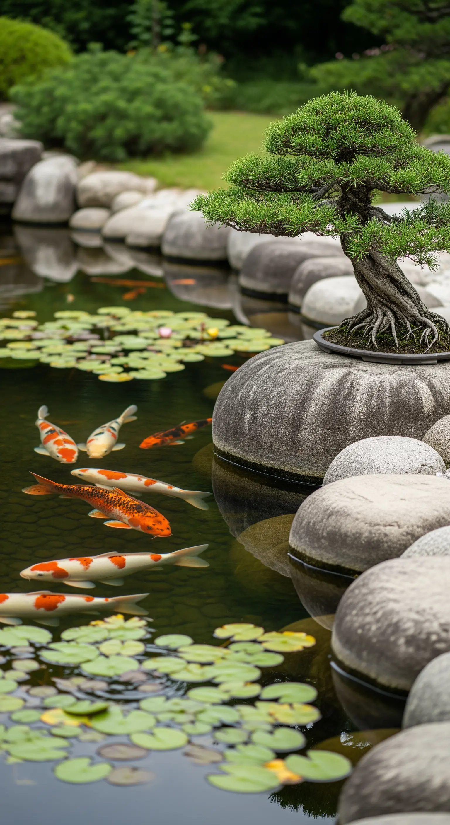 Bonsai di pino su una roccia levigata accanto a un laghetto di carpe koi.