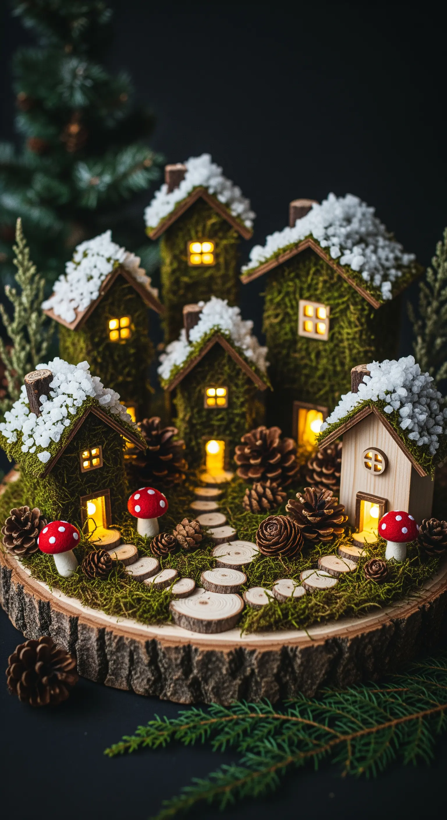 Villaggio natalizio fatato su una sezione di tronco, con casette ricoperte di muschio.