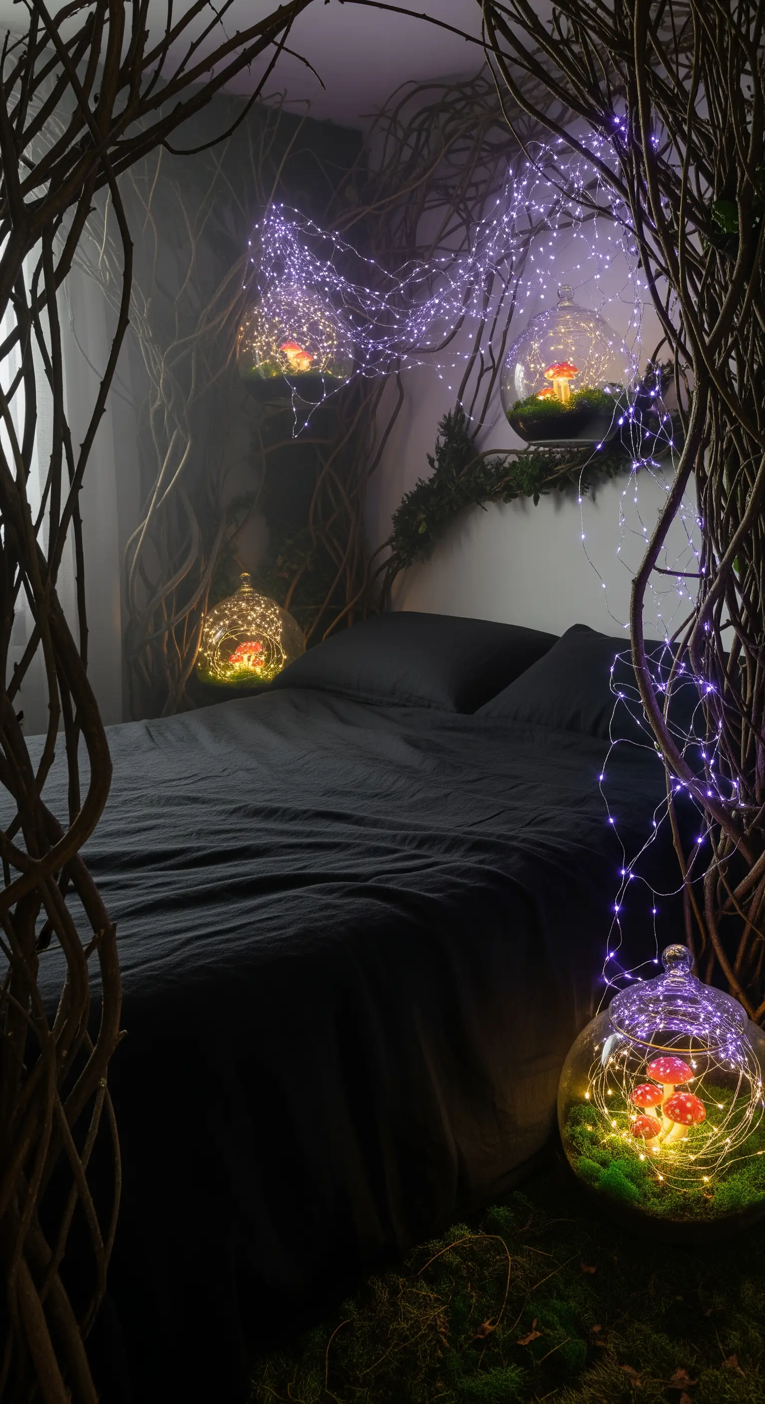 Letto nero circondato da rami e terrari luminosi a forma di fungo.