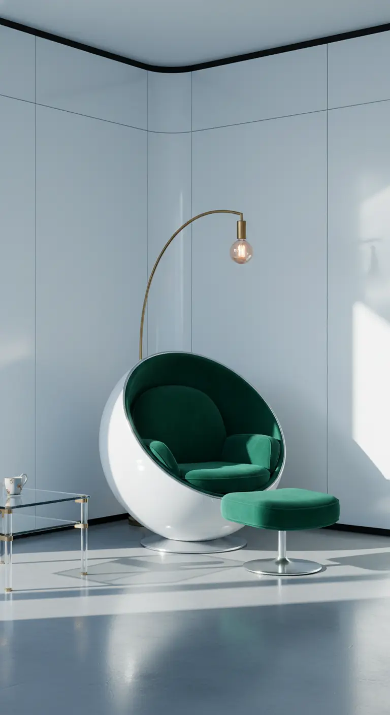 Poltrona a uovo bianca con interni in velluto verde in un ambiente minimalista.