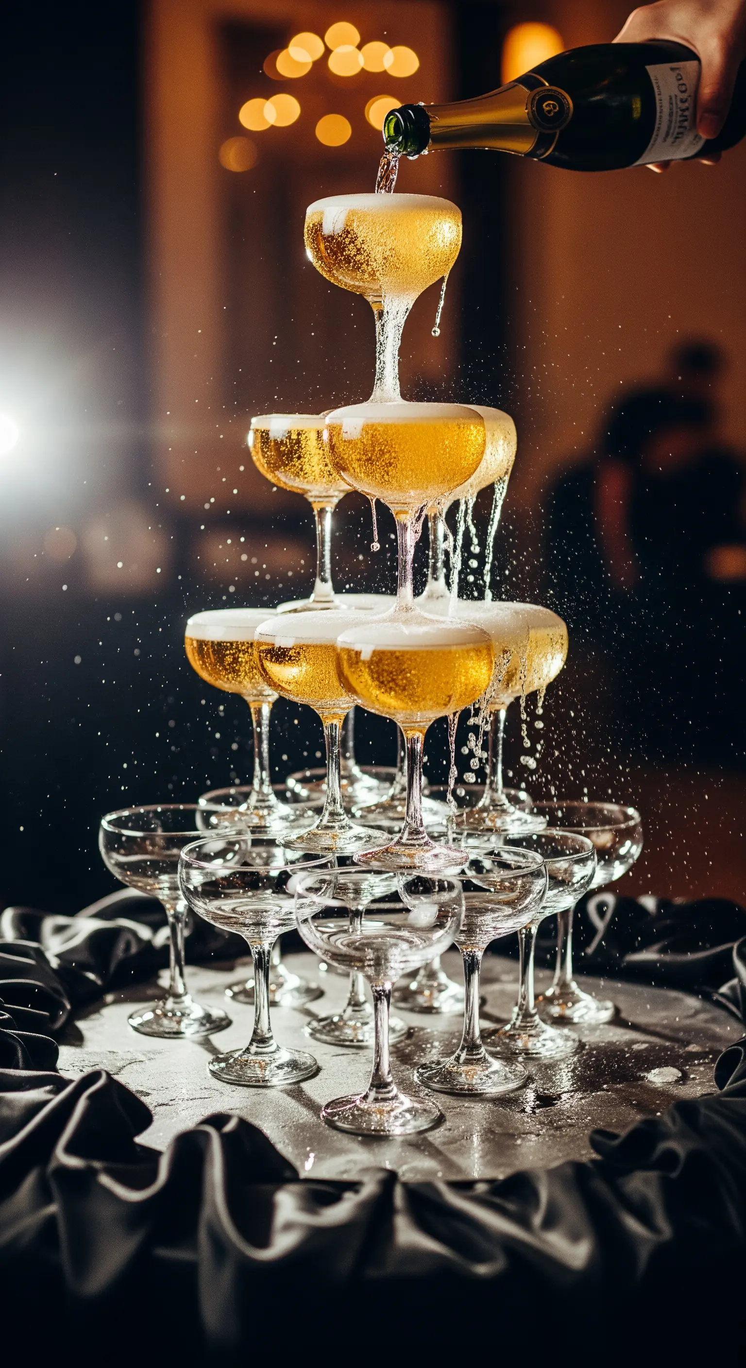 Piramide di coppe da Champagne mentre viene versato lo spumante dalla cima.