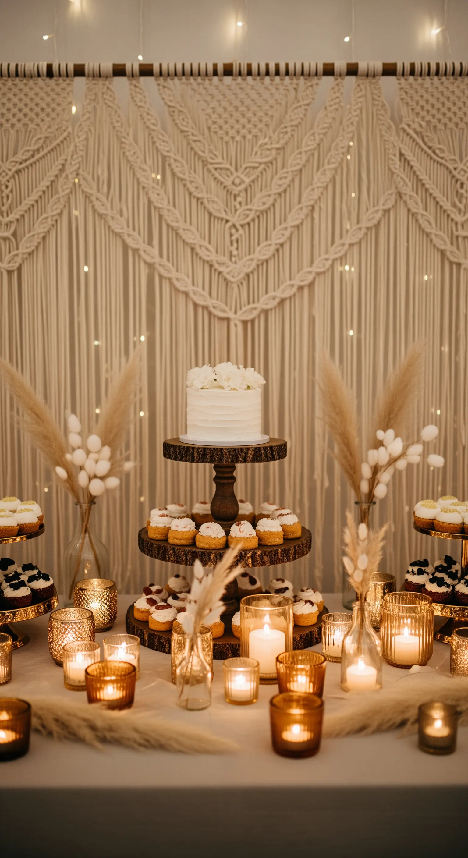 Tavolo dei dolci con torta nuziale bianca, backdrop in macramè e candele ambrate.