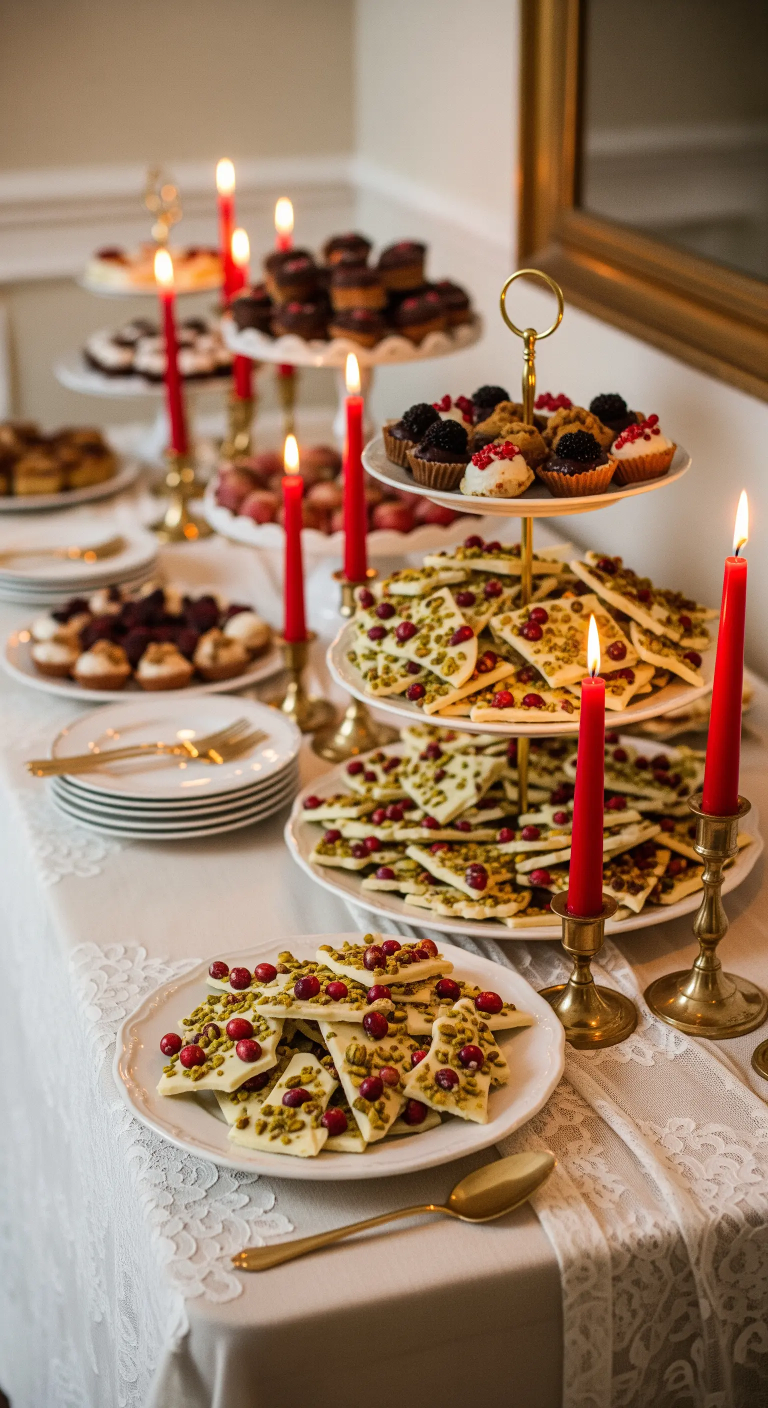 Tavolo da buffet con tovaglia di pizzo, alzate con dolci e candele rosse sottili.