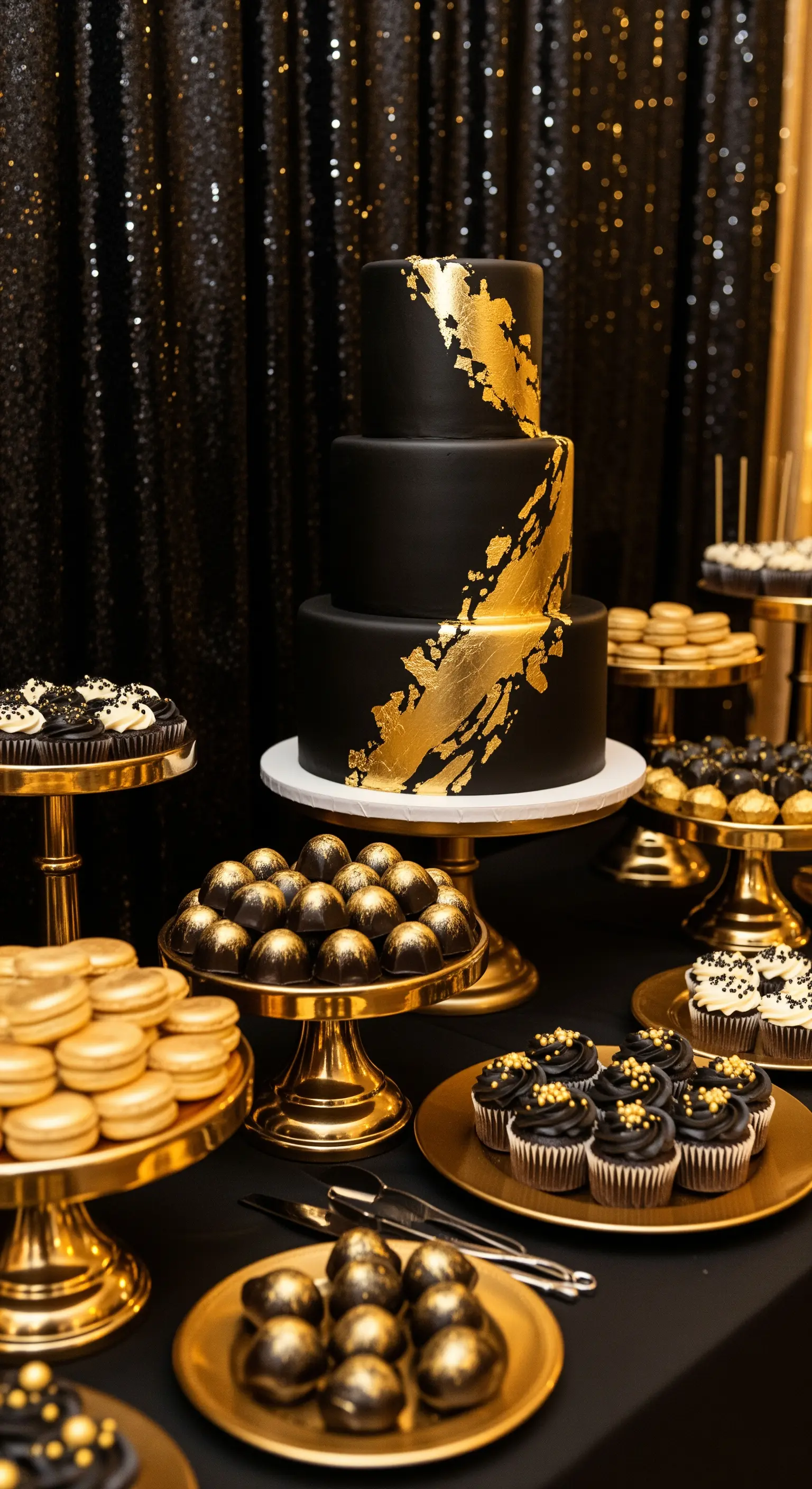 Buffet di dolci nero e oro con una torta a tre piani, praline e alzate dorate.
