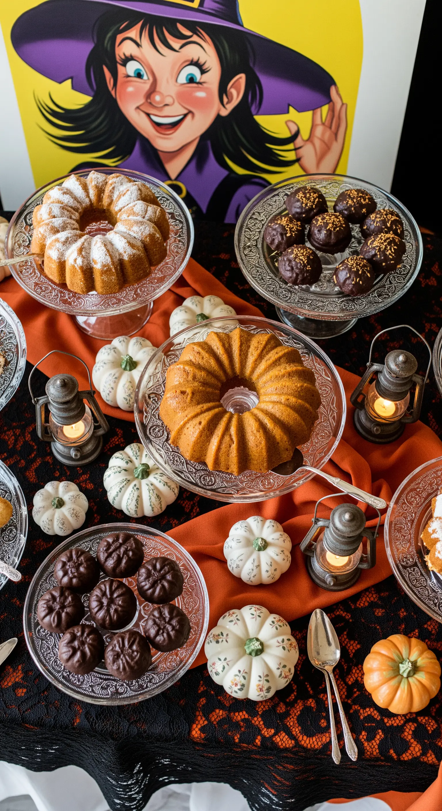 Buffet di Halloween con torte, dolcetti al cioccolato, zucche bianche e piccole lanterne.