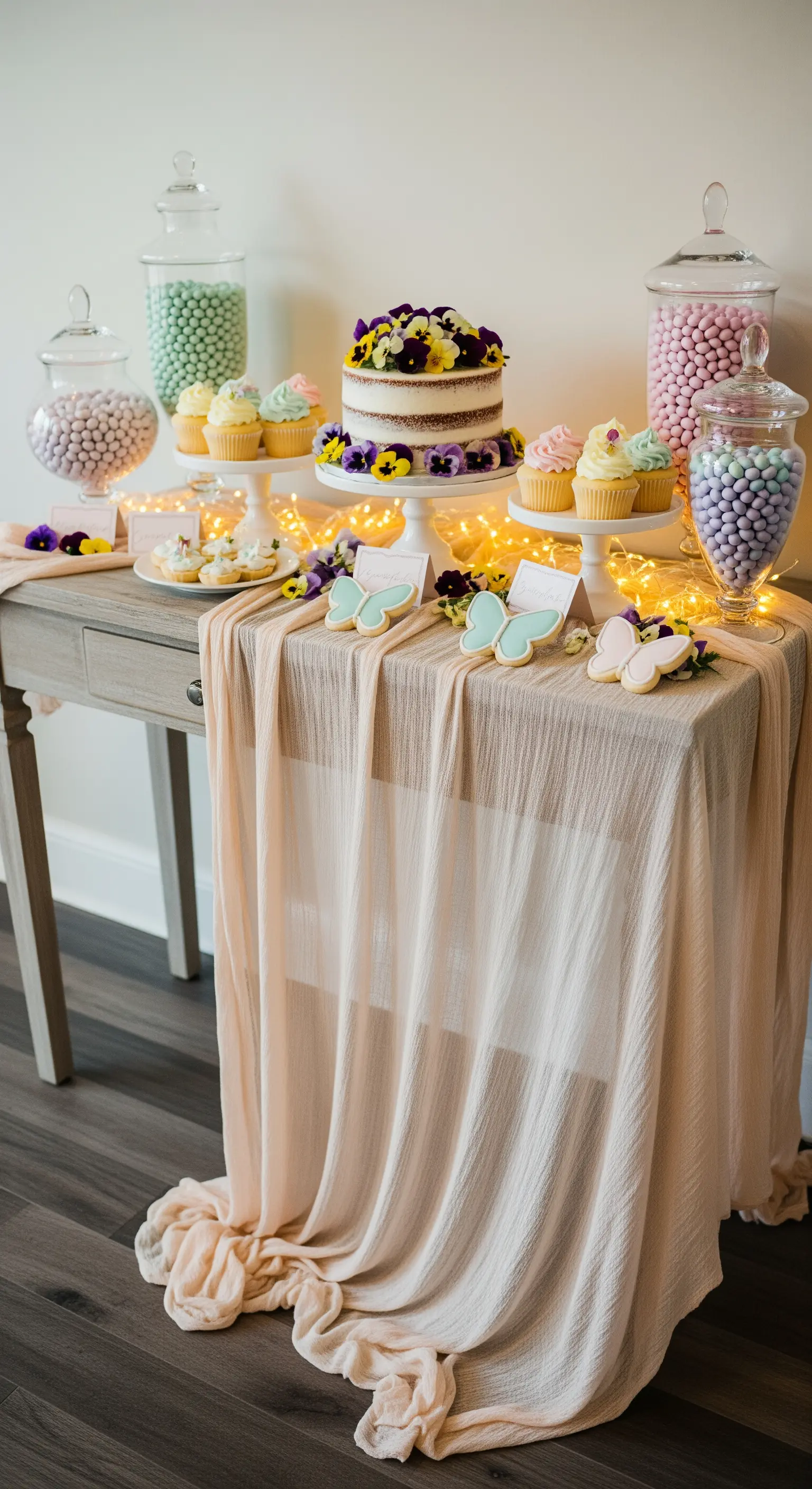 Tavolo dei dolci con torta decorata con fiori, biscotti a farfalla e caramelle pastello.