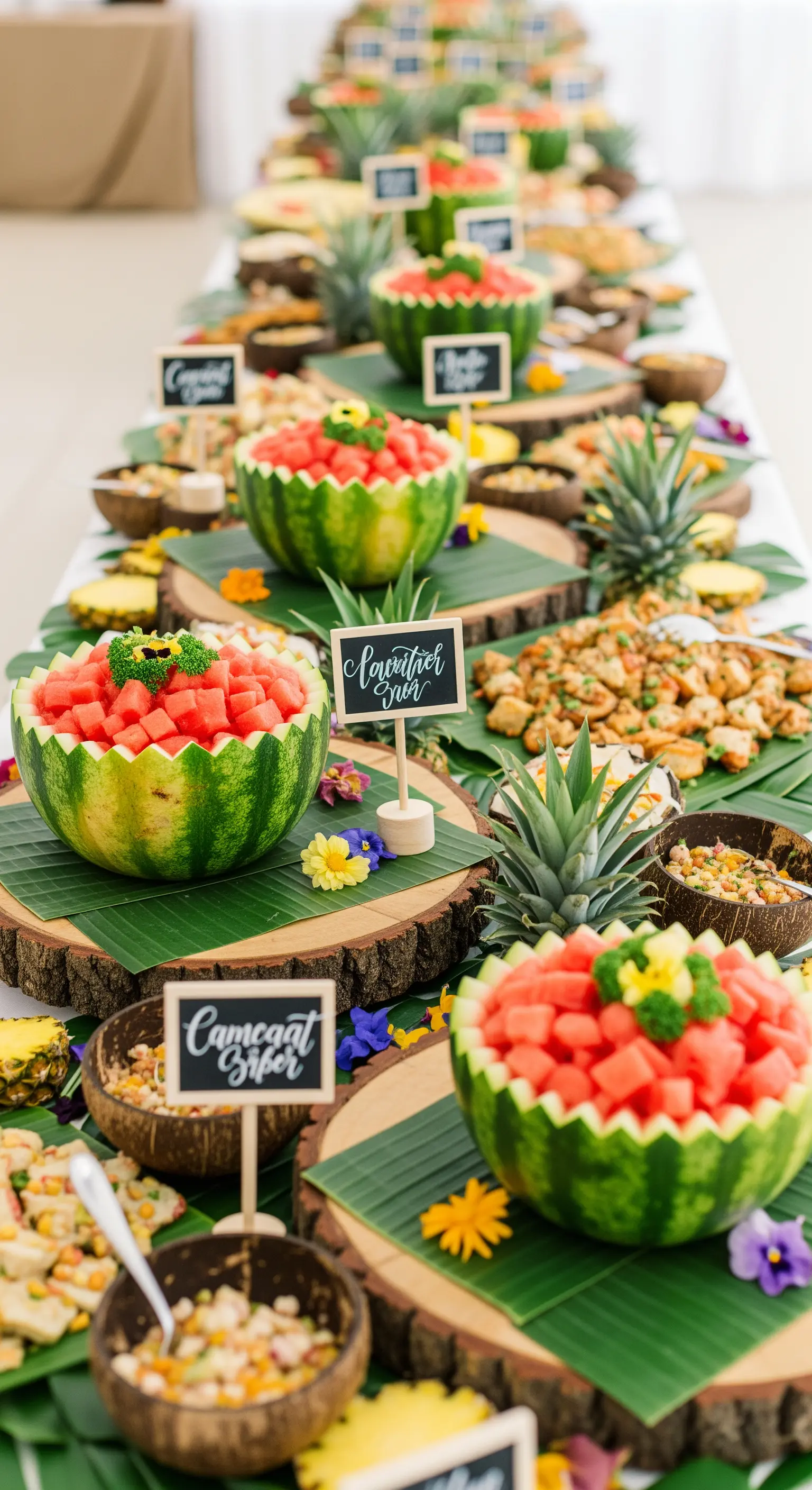 Lungo tavolo da buffet con insalate servite in angurie svuotate e ciotole di cocco.