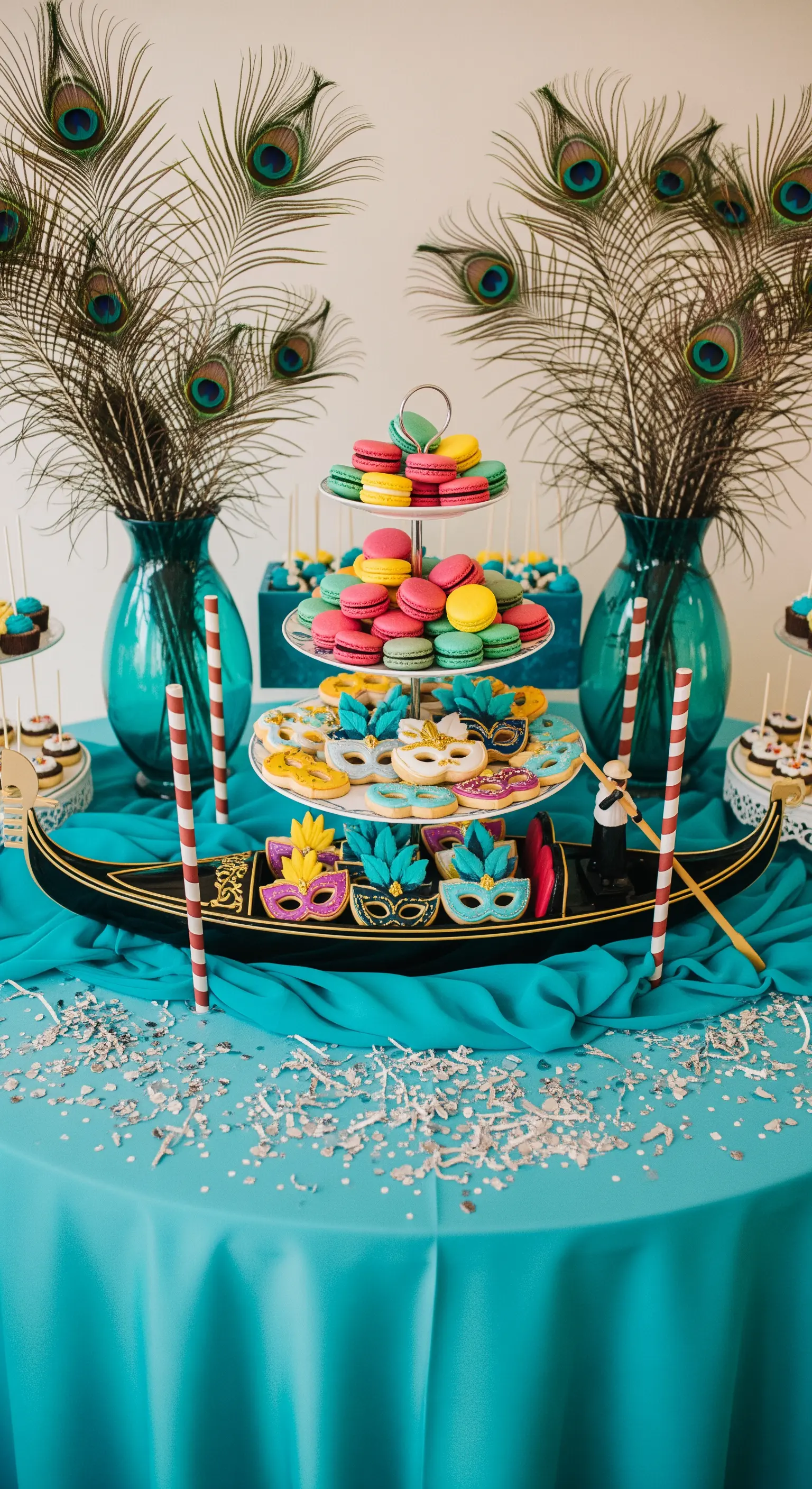 Tavolo dei dolci a tema Carnevale di Venezia con piume di pavone e macaron.