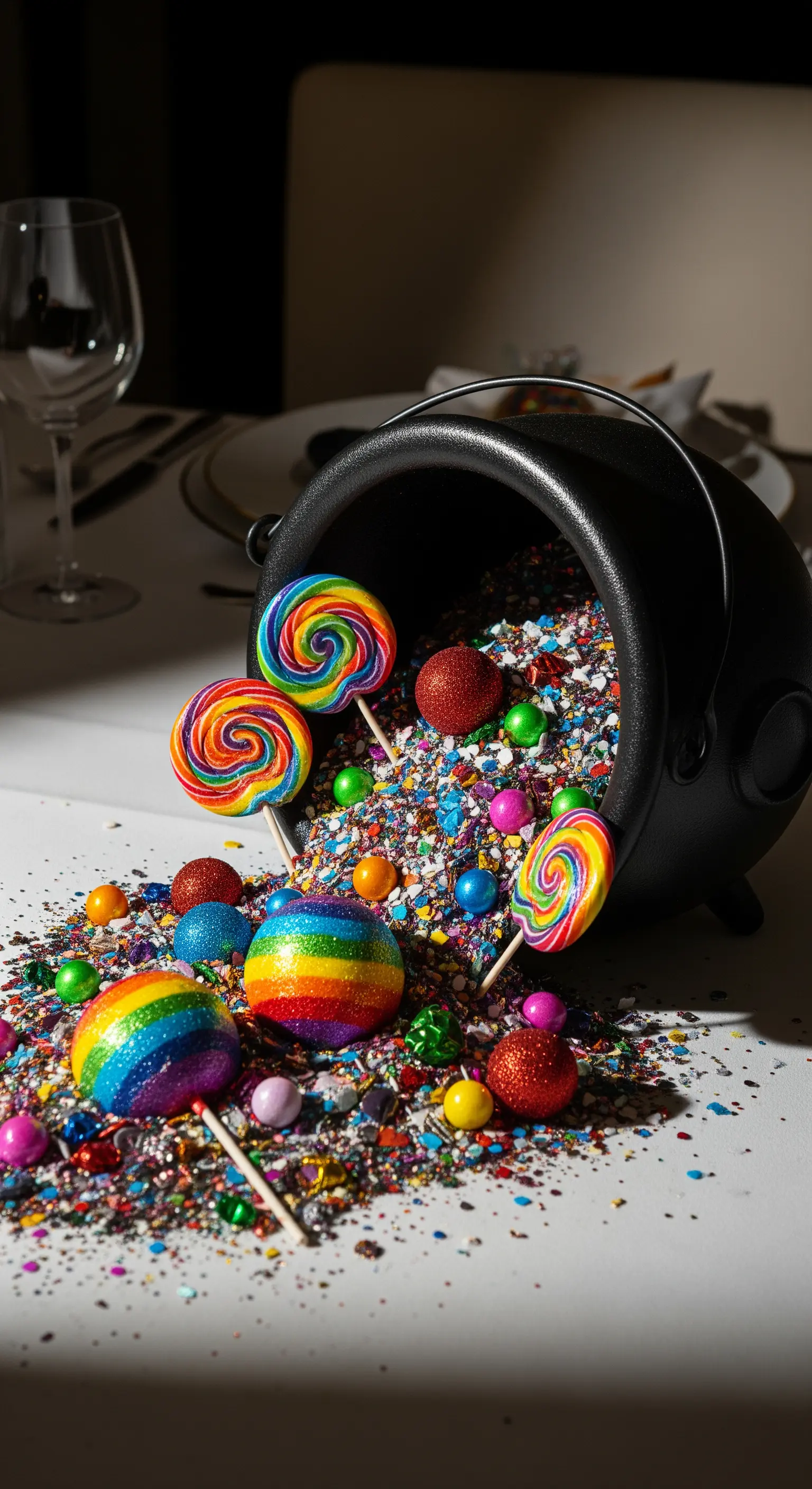 Calderone nero da cui traboccano zuccherini, glitter e lecca-lecca color arcobaleno.