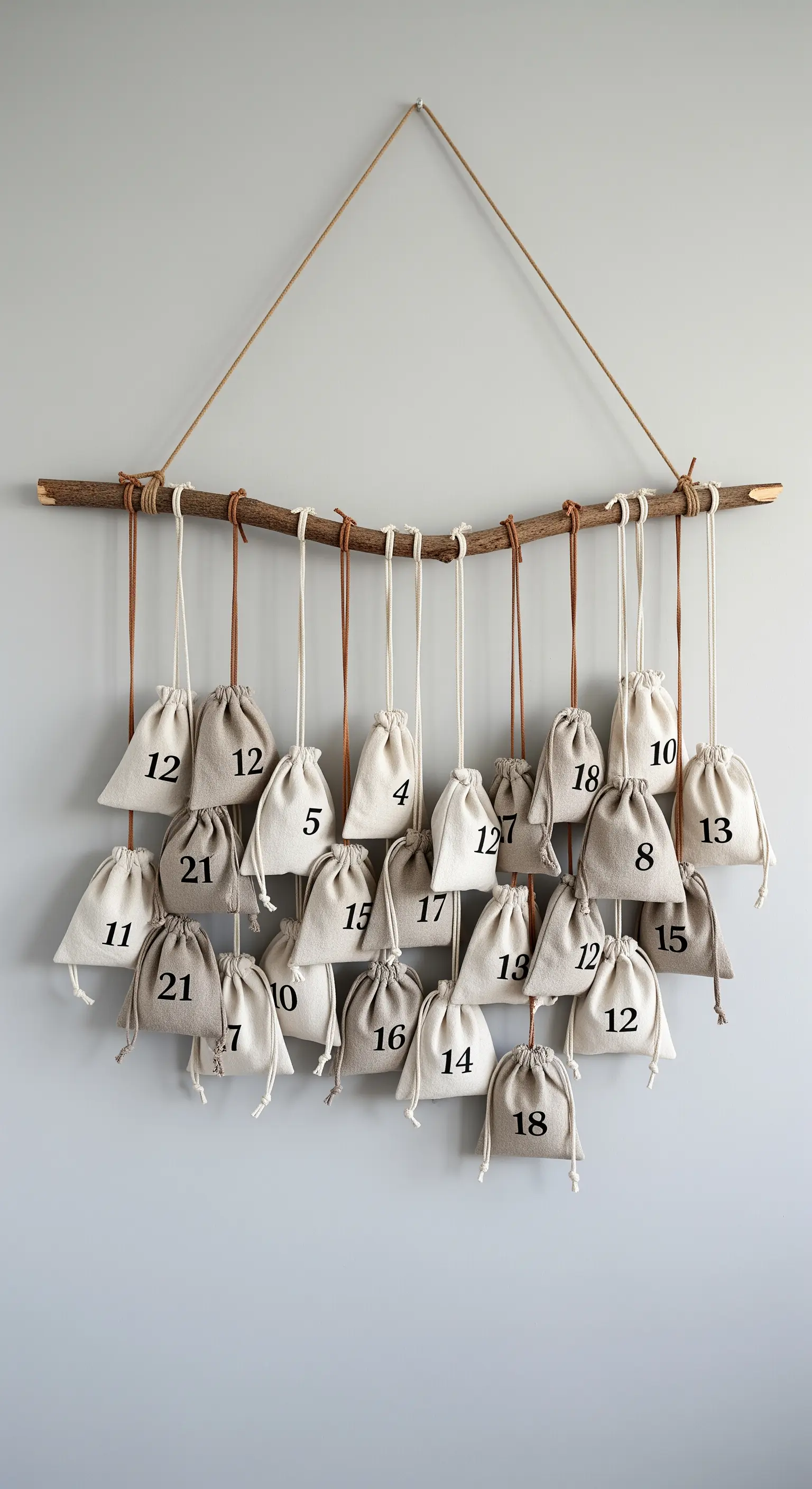 Calendario dell'Avvento fai-da-te con sacchetti di stoffa appesi a un ramo.