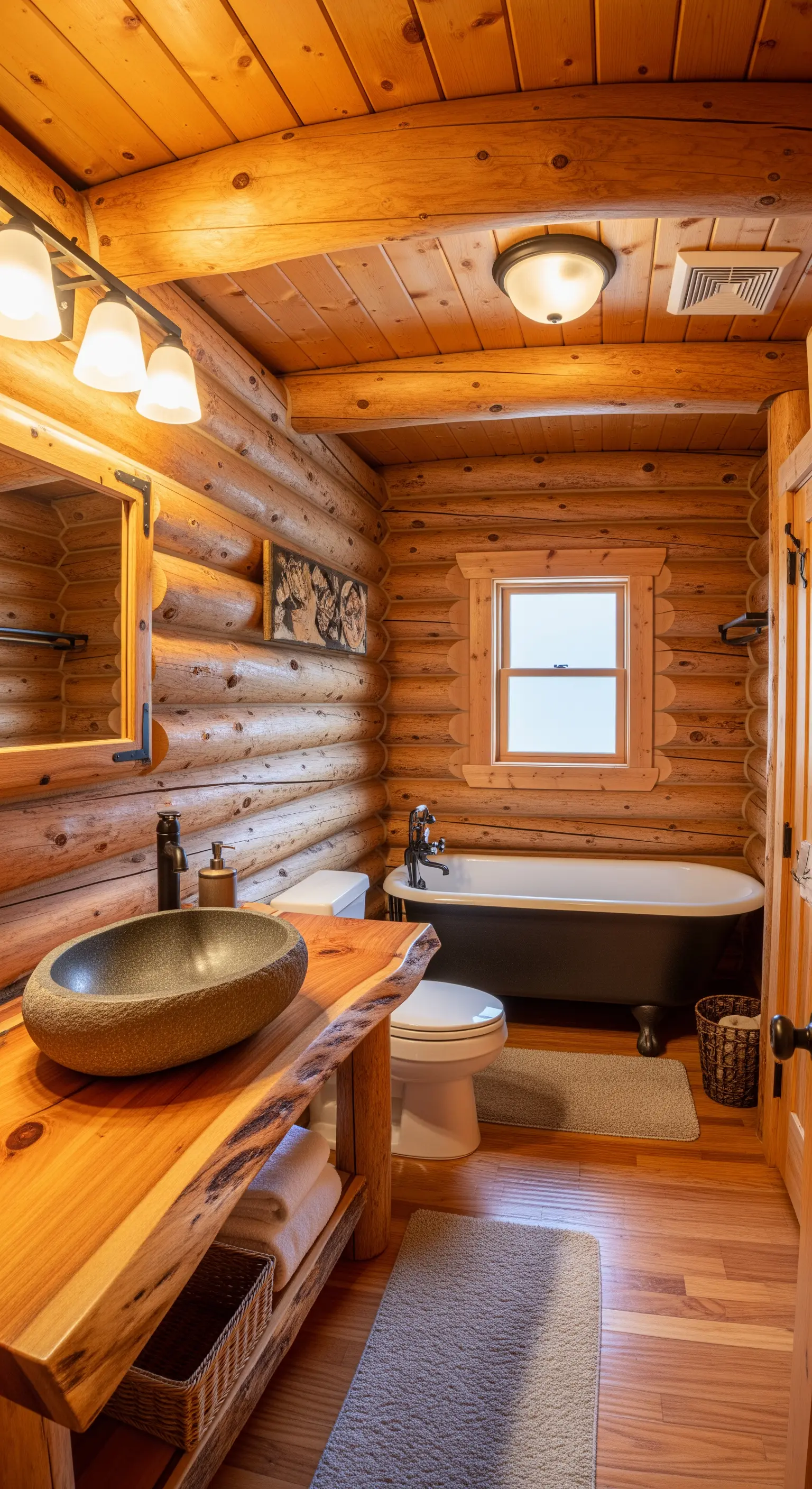 Bagno in stile baita con pareti in tronchi, lavabo in pietra e top in legno massiccio.