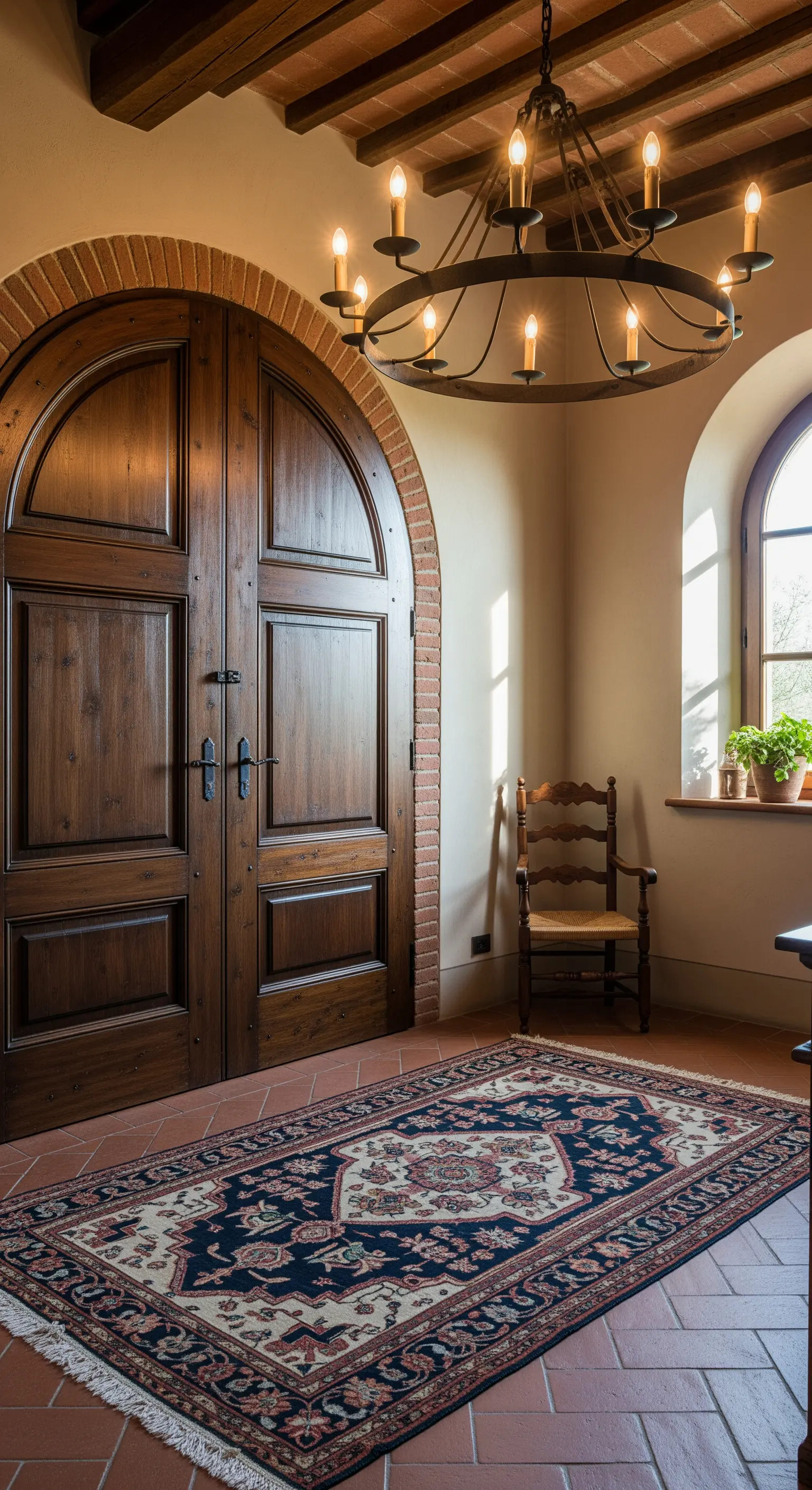 Ingresso rustico con porte in legno massiccio, pavimento in cotto e lampadario in ferro battuto.
