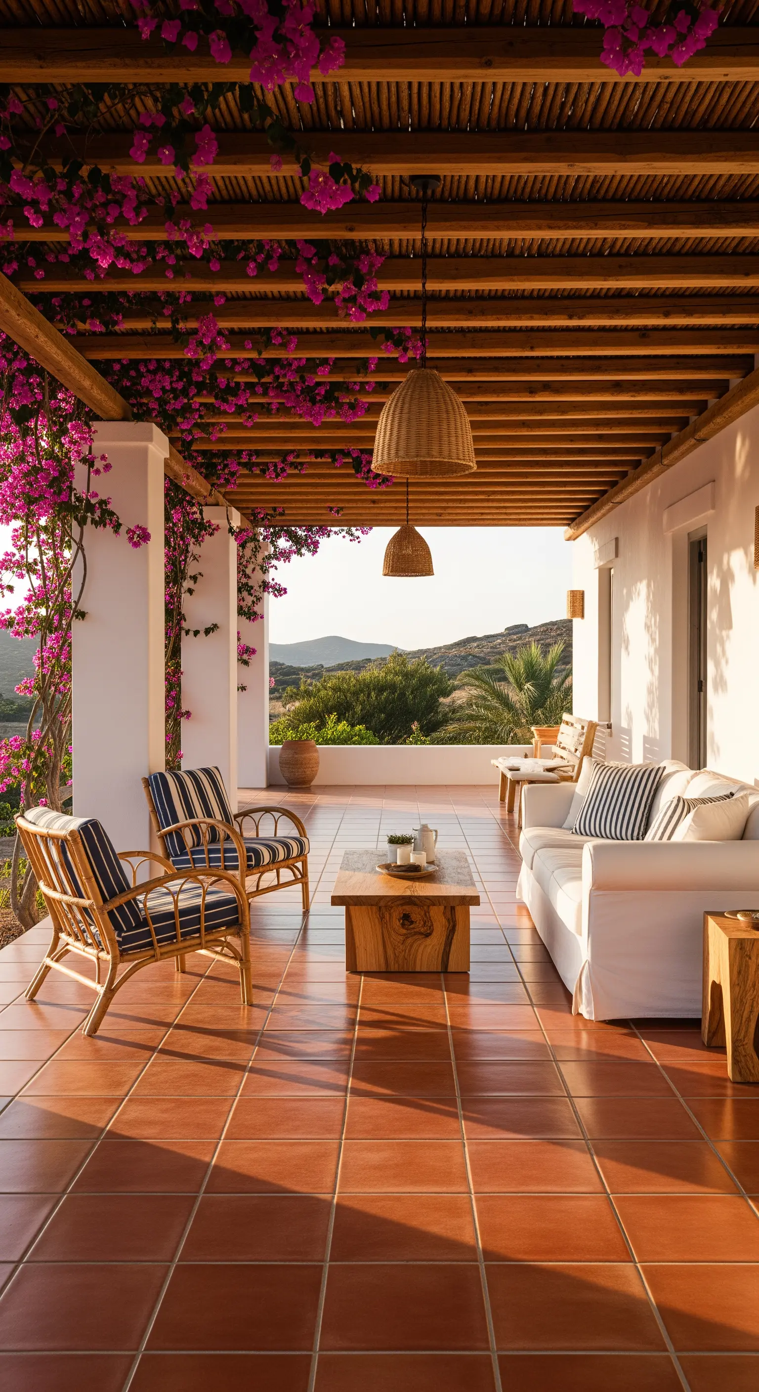 Portico mediterraneo con divano bianco, poltrone in rattan e lampade a sospensione in vimini