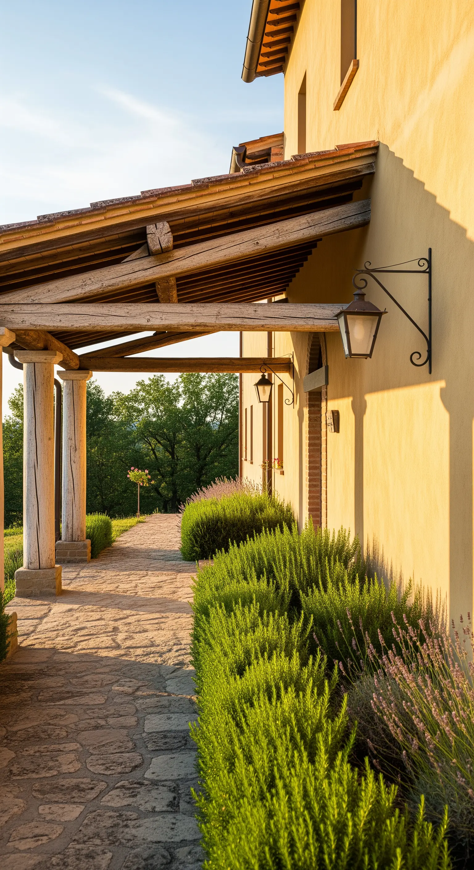 Portico rustico in stile toscano con colonne in legno, tetto in coppi e pavimento in pietra.