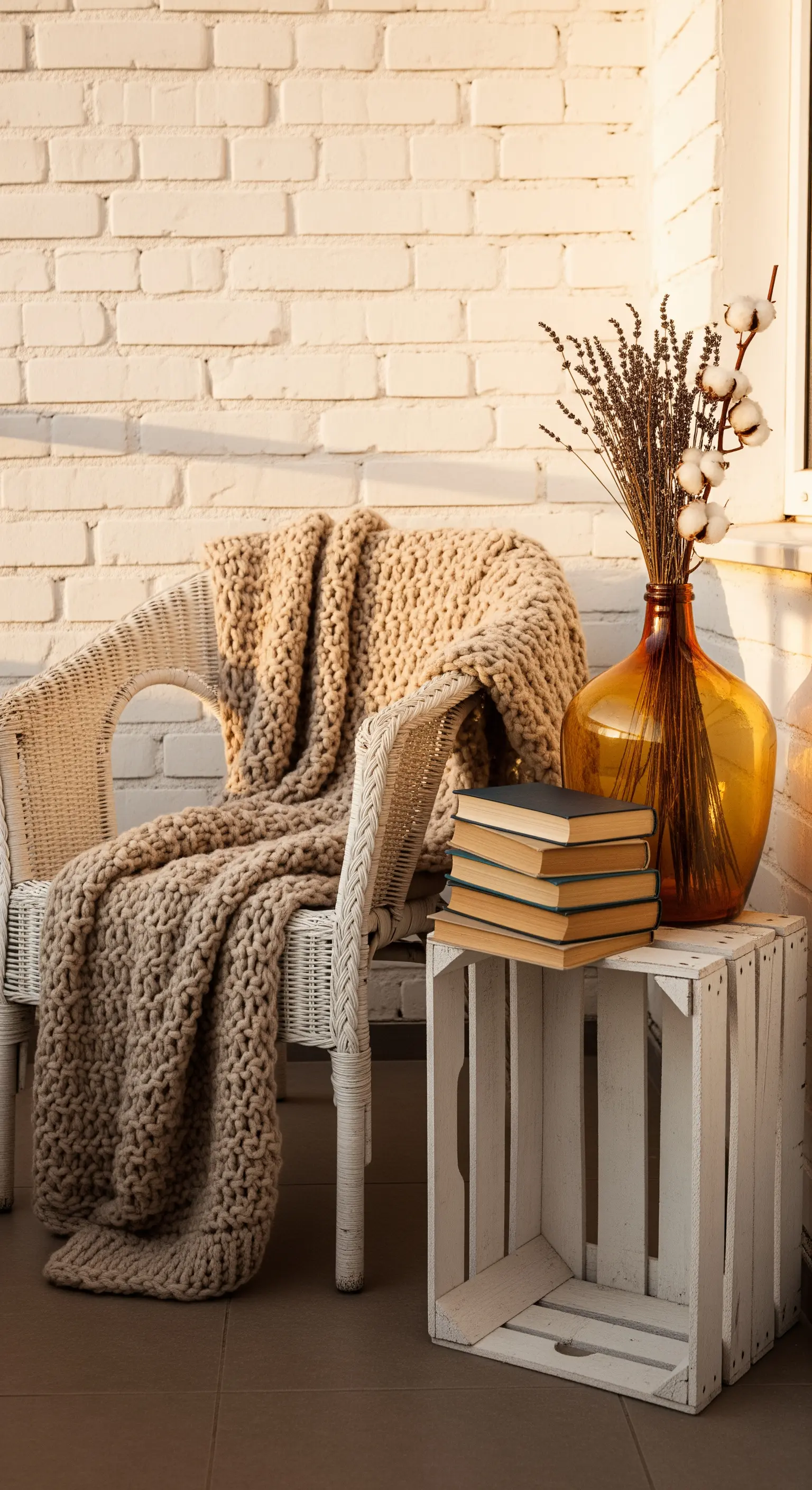 Sedia in vimini bianco con coperta in maglia spessa e una cassa di legno come tavolino.