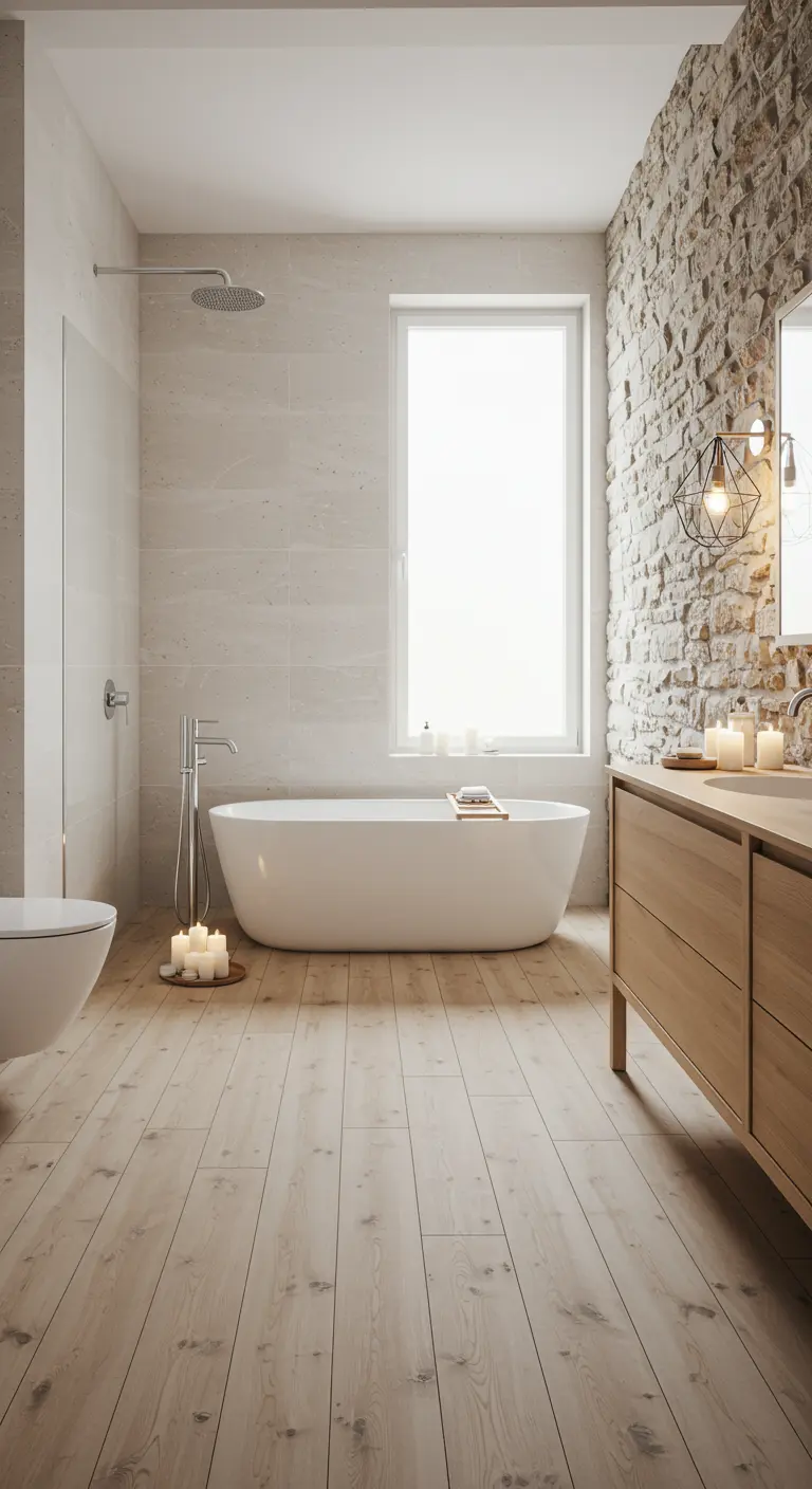 Bagno con parete in pietra, pavimento in legno chiaro e vasca da bagno bianca freestanding.