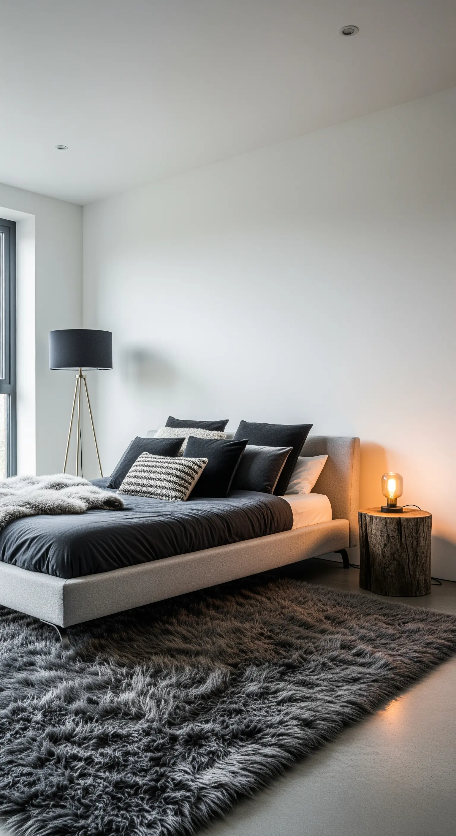 Camera da letto minimalista con letto basso grigio e un grande tappeto in finta pelliccia scura.