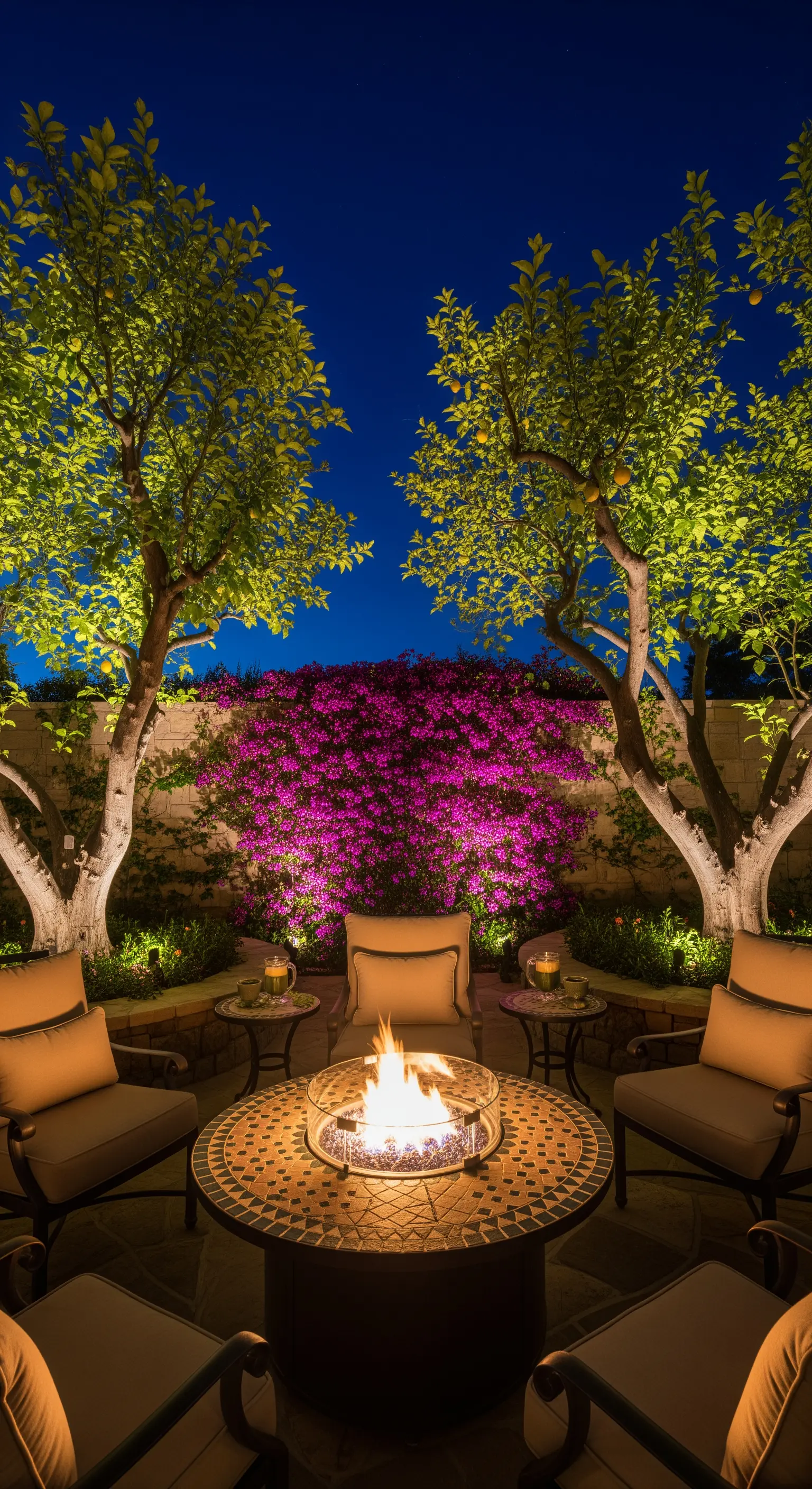 Giardino di sera con braciere a mosaico, poltrone e alberi di limoni illuminati.