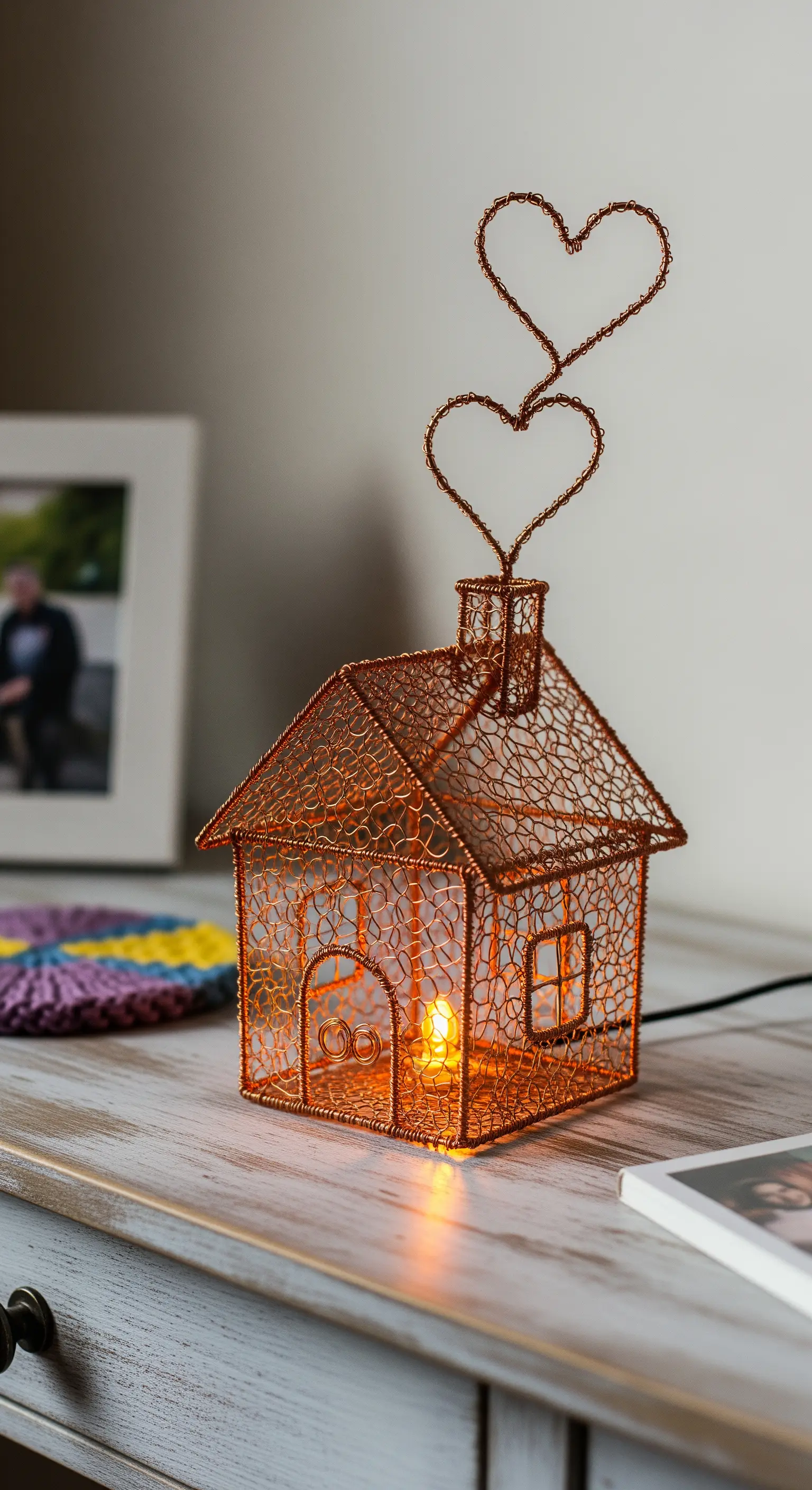 Casetta in rete di filo di rame con due cuori sul tetto e una luce calda all'interno.