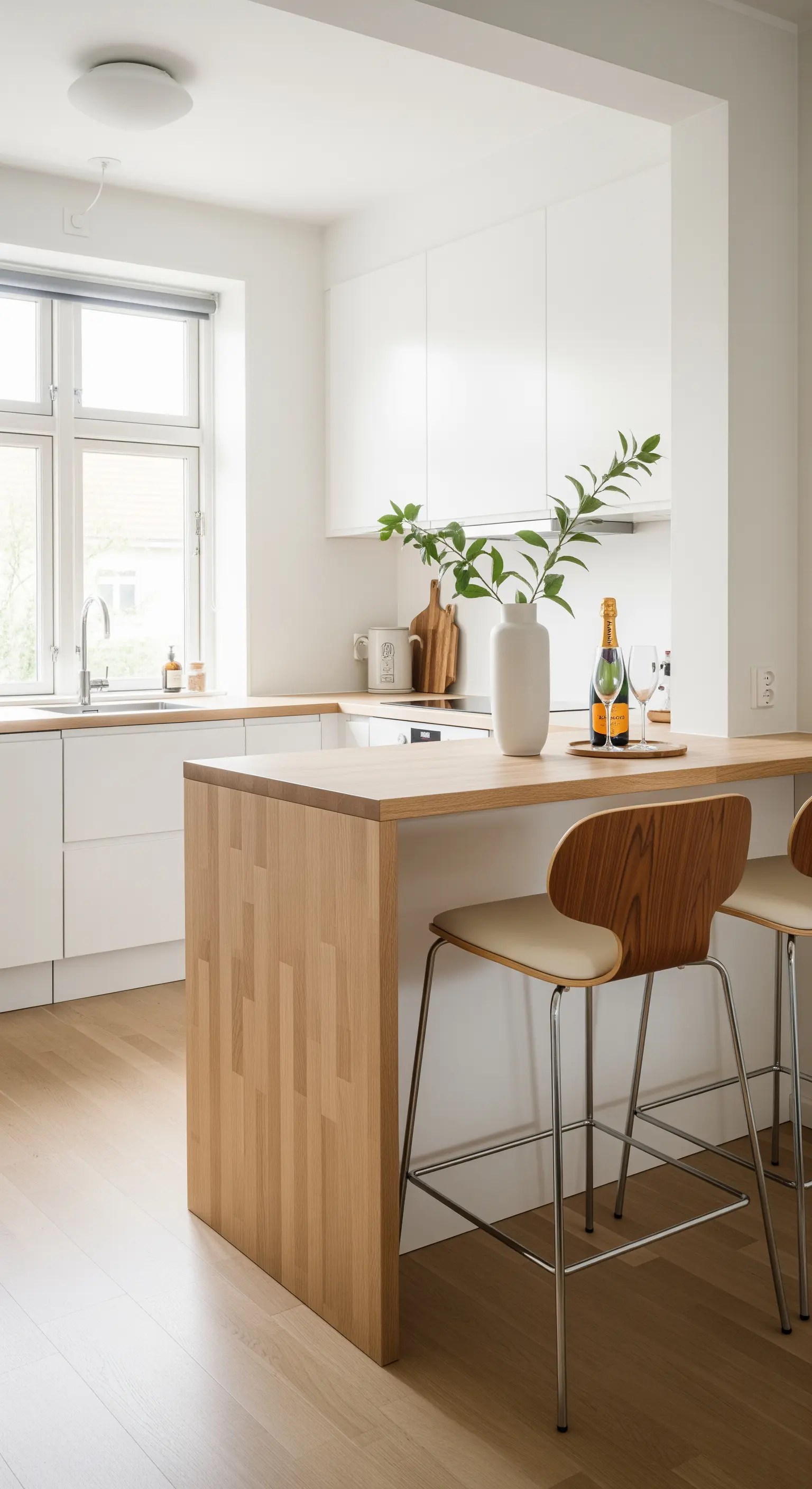 Cucina scandinava minimalista con isola in legno chiaro e sgabelli in pelle color crema.