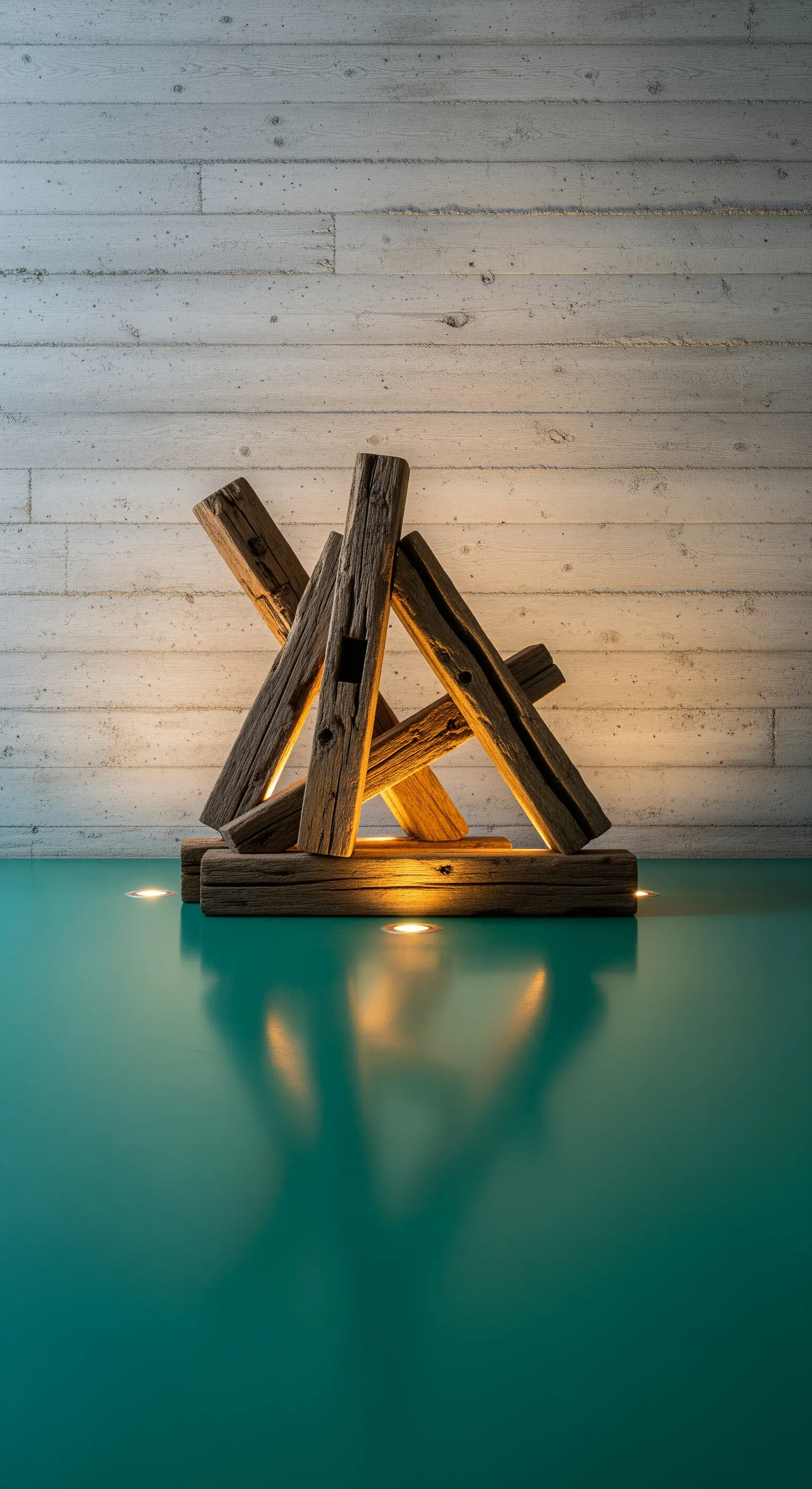 Scultura astratta in legno di recupero illuminata dal basso su un pavimento in resina turchese.